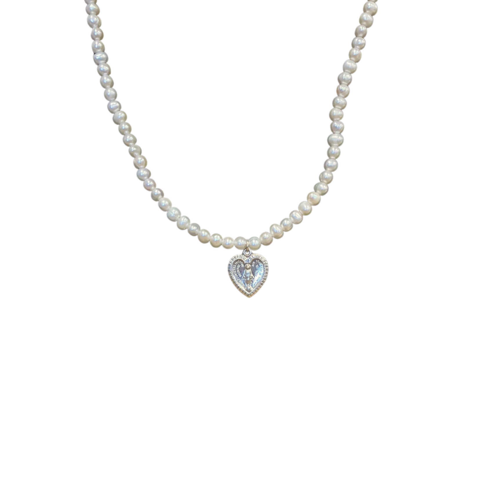Sterling Silver Miraculous Medal Heart on Freshwater Pearls