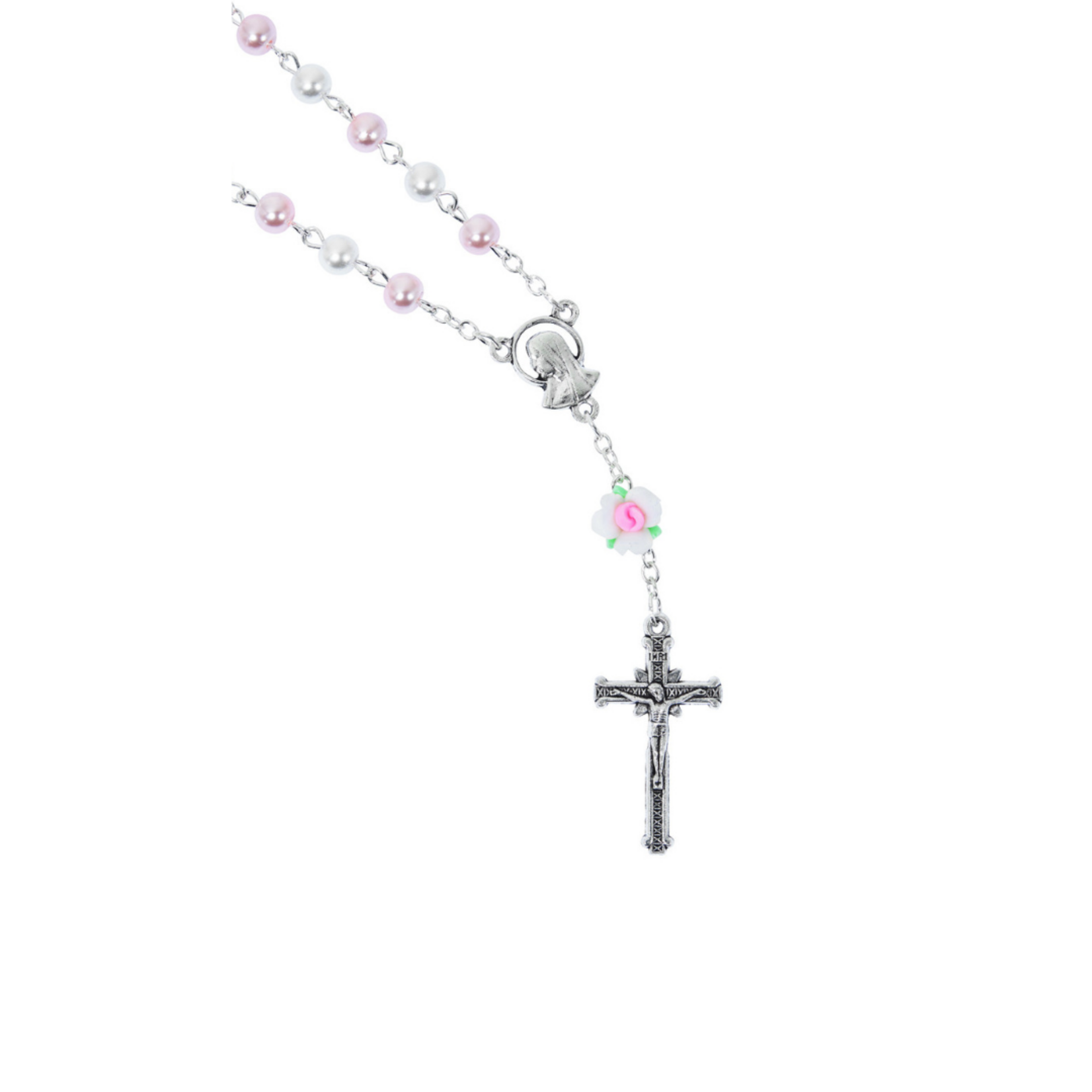 White and Pink Pearl Auto Rosary with Rose