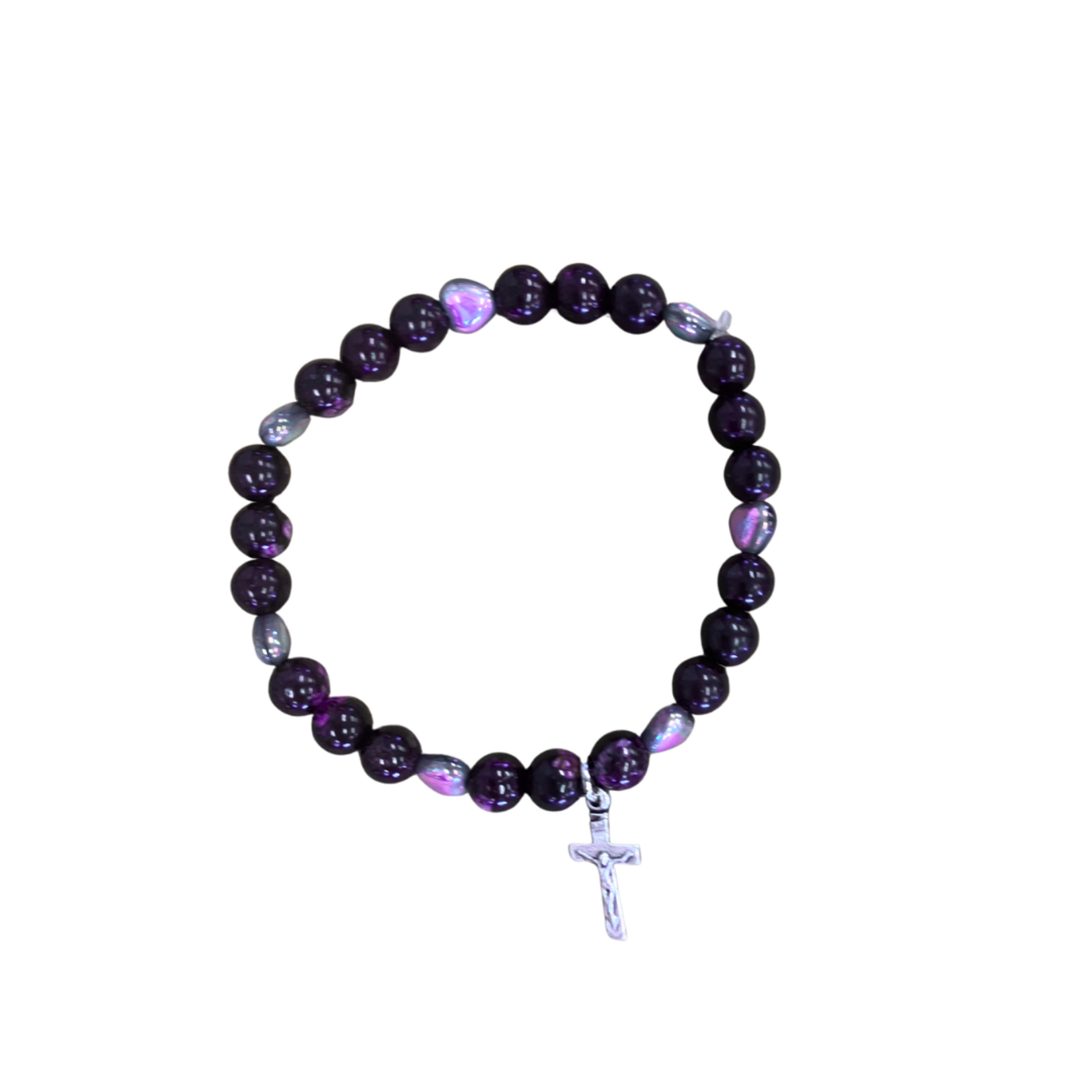 Purple Bead with Hearts Stretch Bracelet