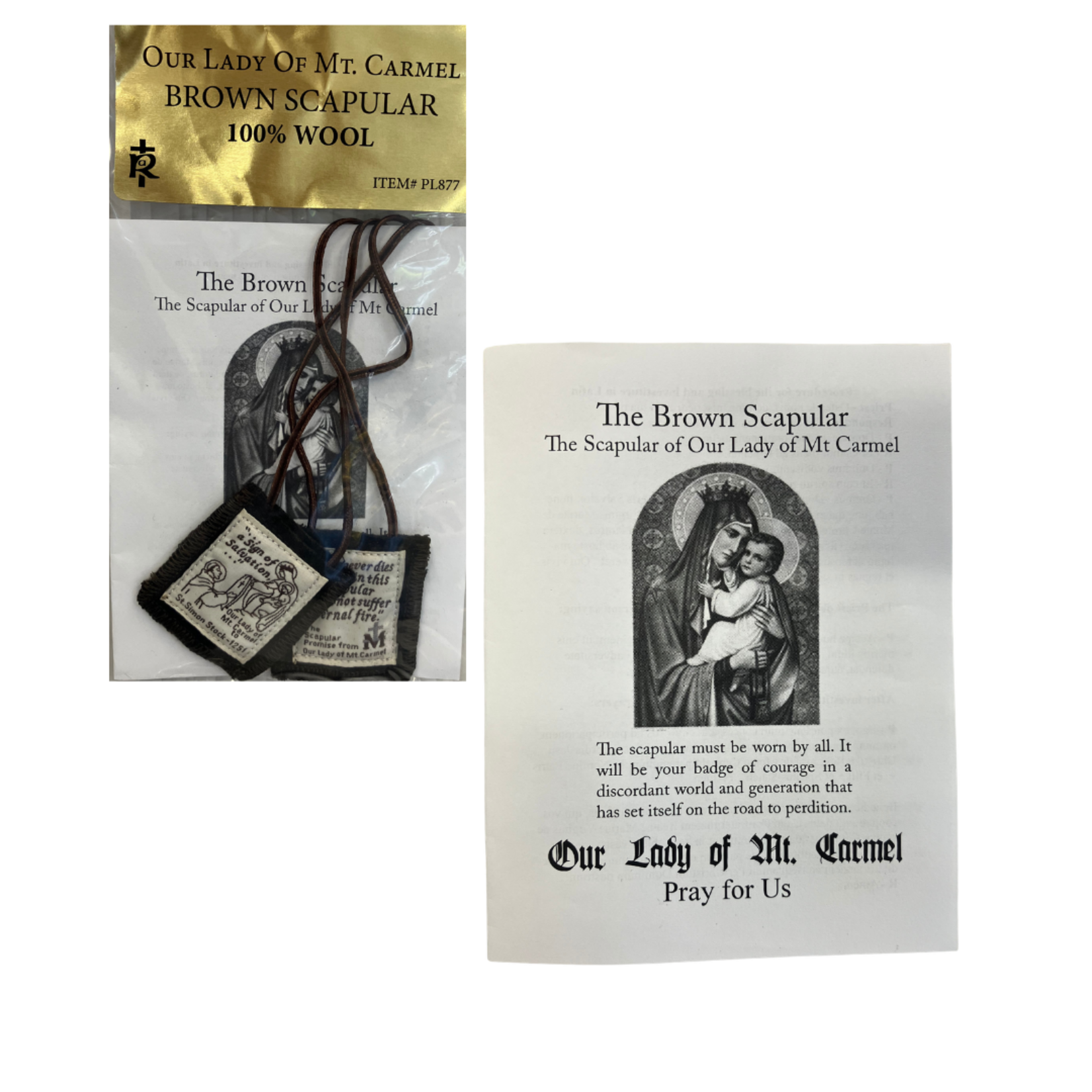 100% Wool Brown Scapular with Investiture Prayers
