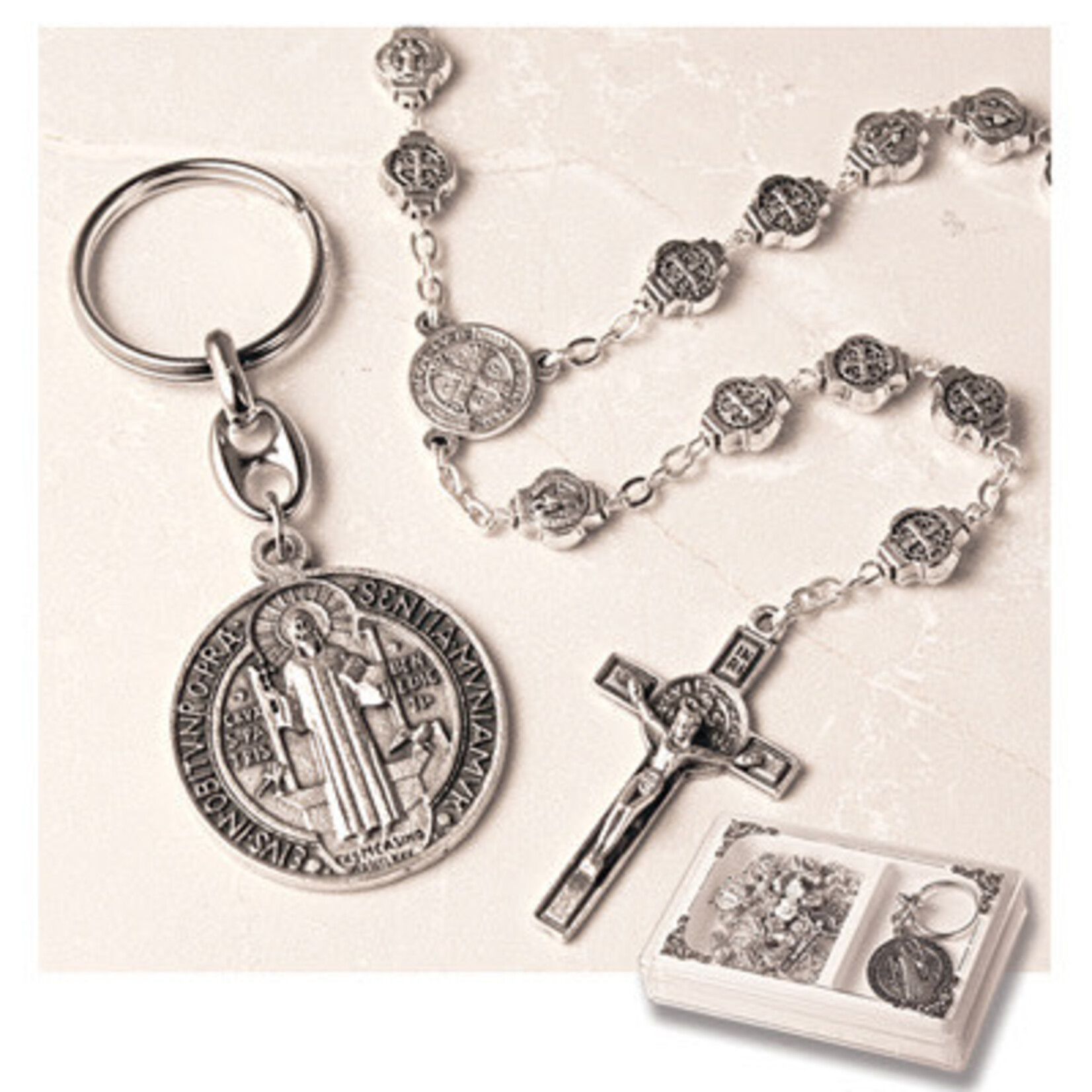 St Benedict Metal Rosary & Keychain Set