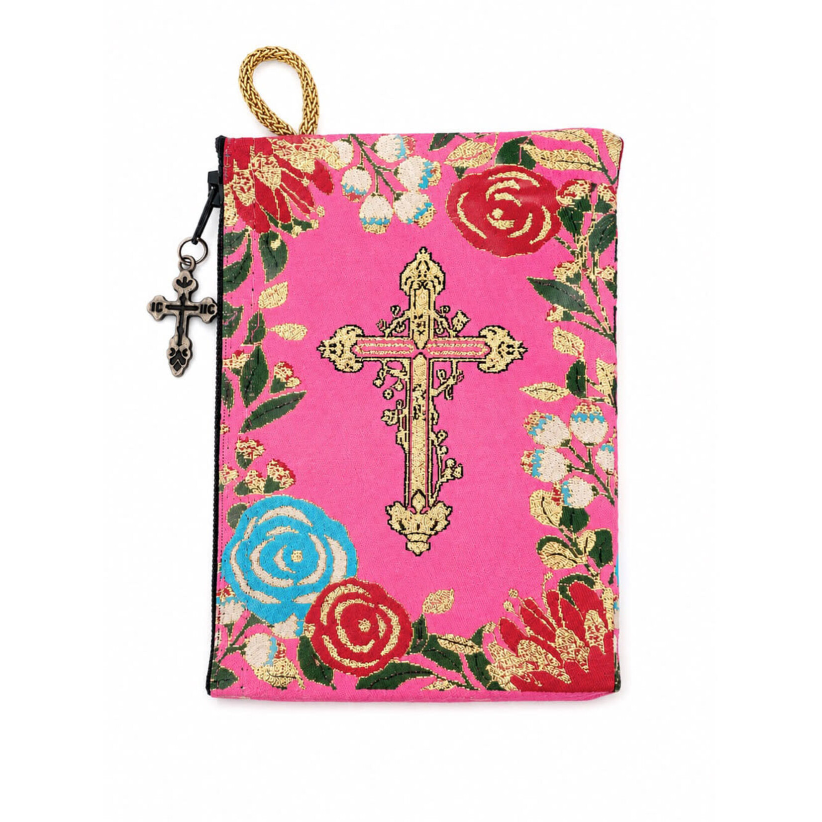 Tapestry Pouch Pink with Cross and Roses
