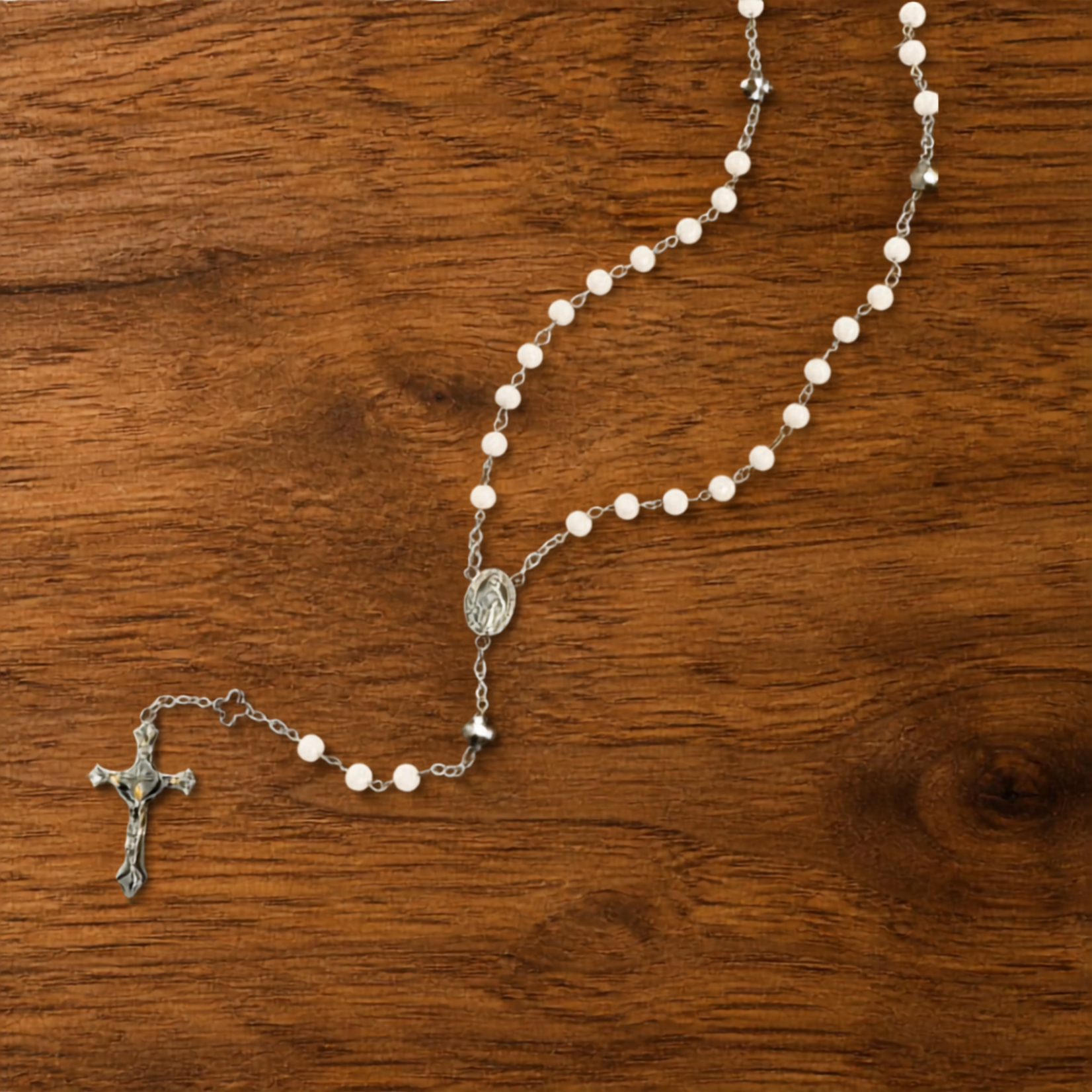 Milky White Glass and Gold Cross Rosary