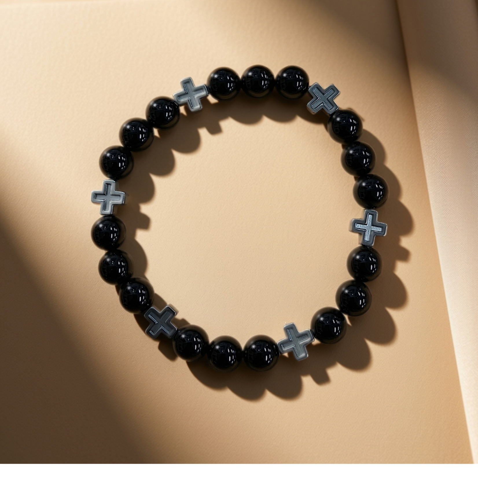 Onyx and Hematite Cross Stretch Bracelet