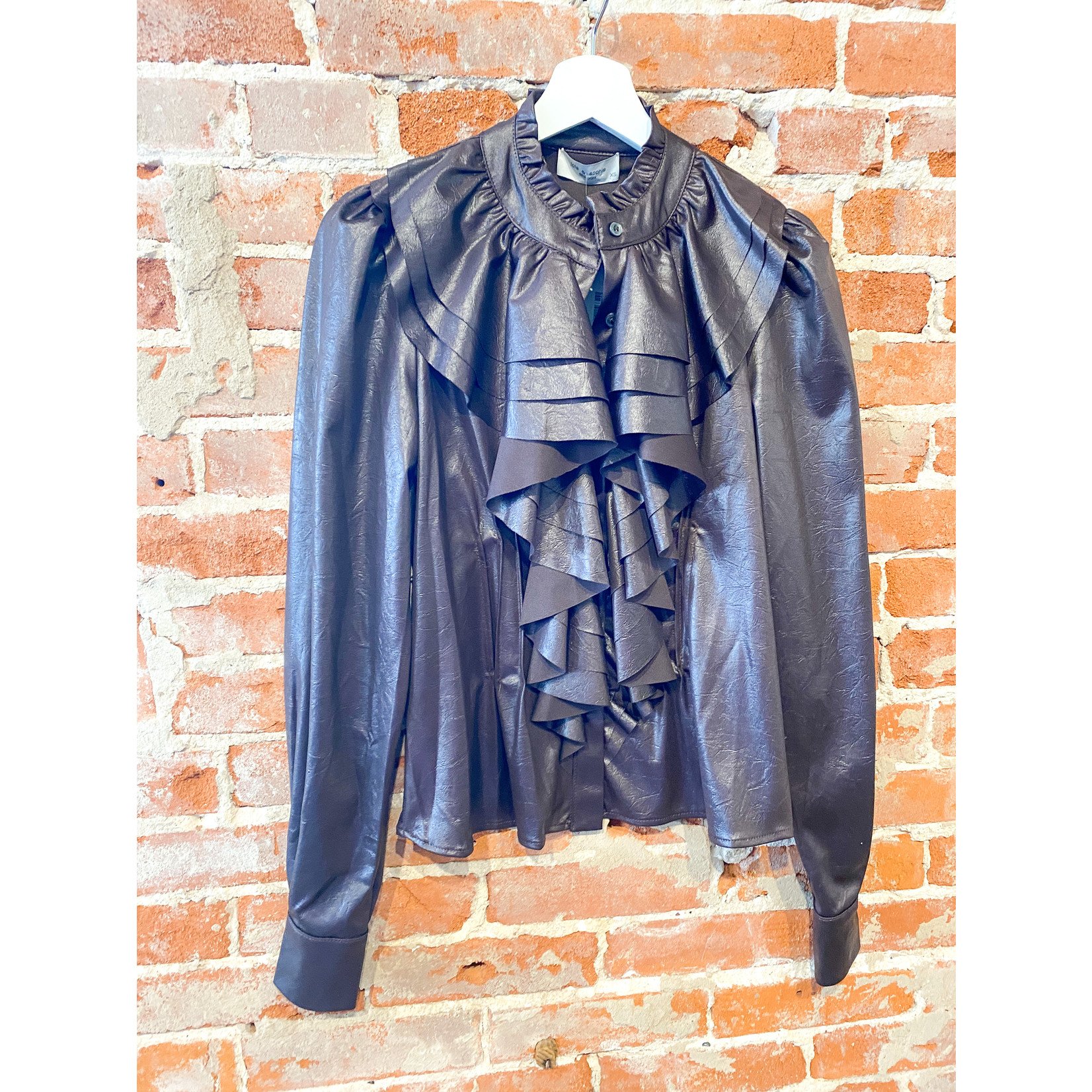 Lola & Sophie Leather Jersey Ruffle Button Down