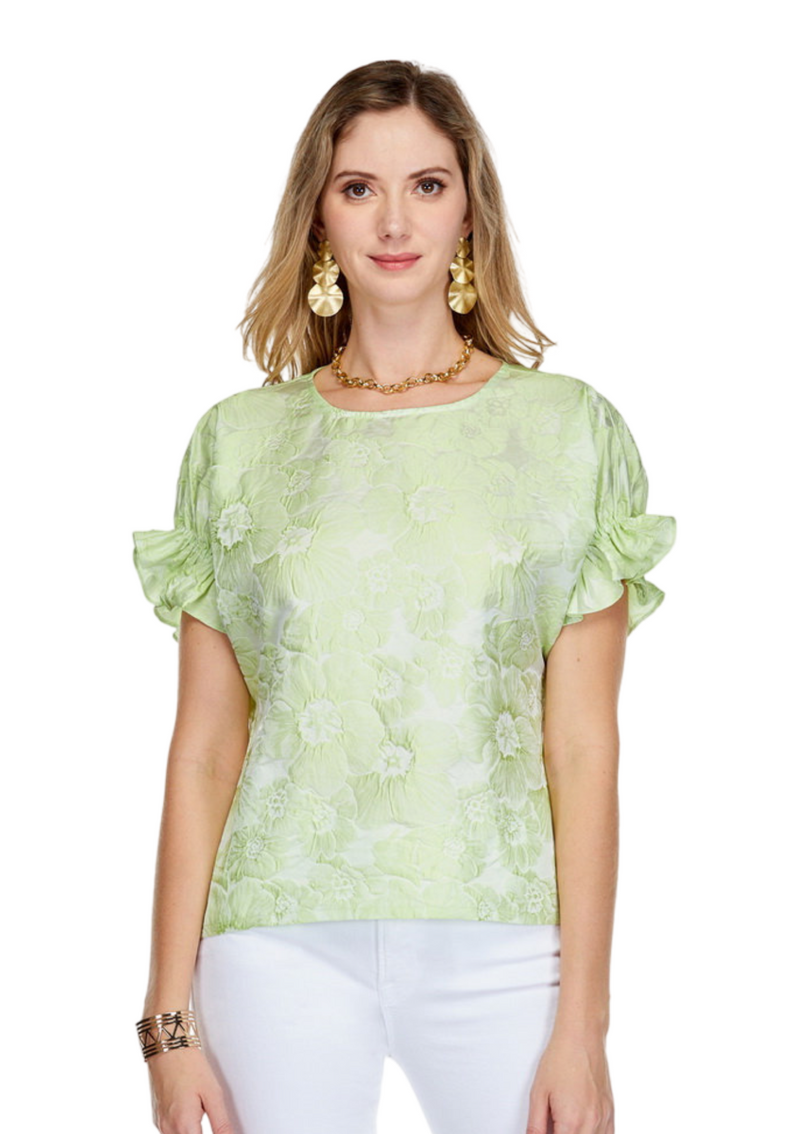 Jade Shirred Sleeve Brocade Top