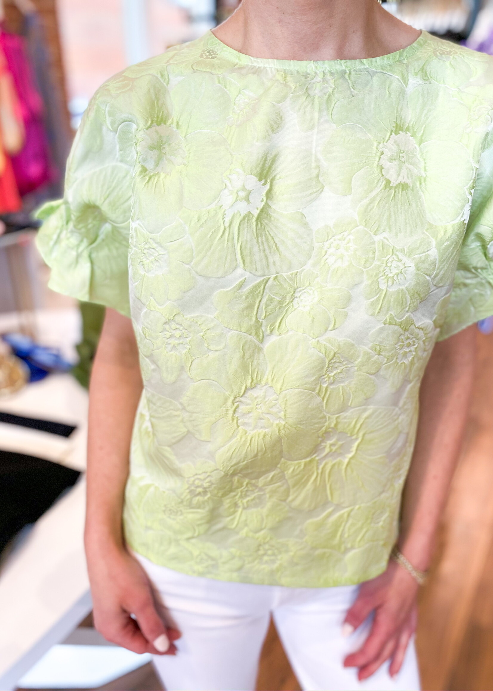 Jade Shirred Sleeve Brocade Top