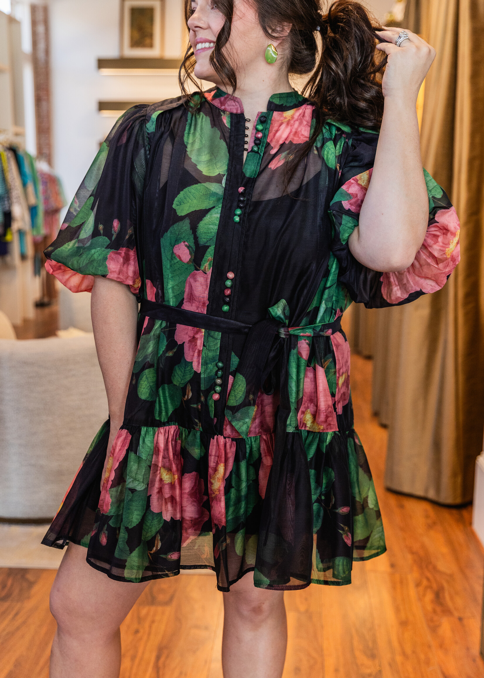 Beulahstyle Floral Puff Sleeve Tiered Dress