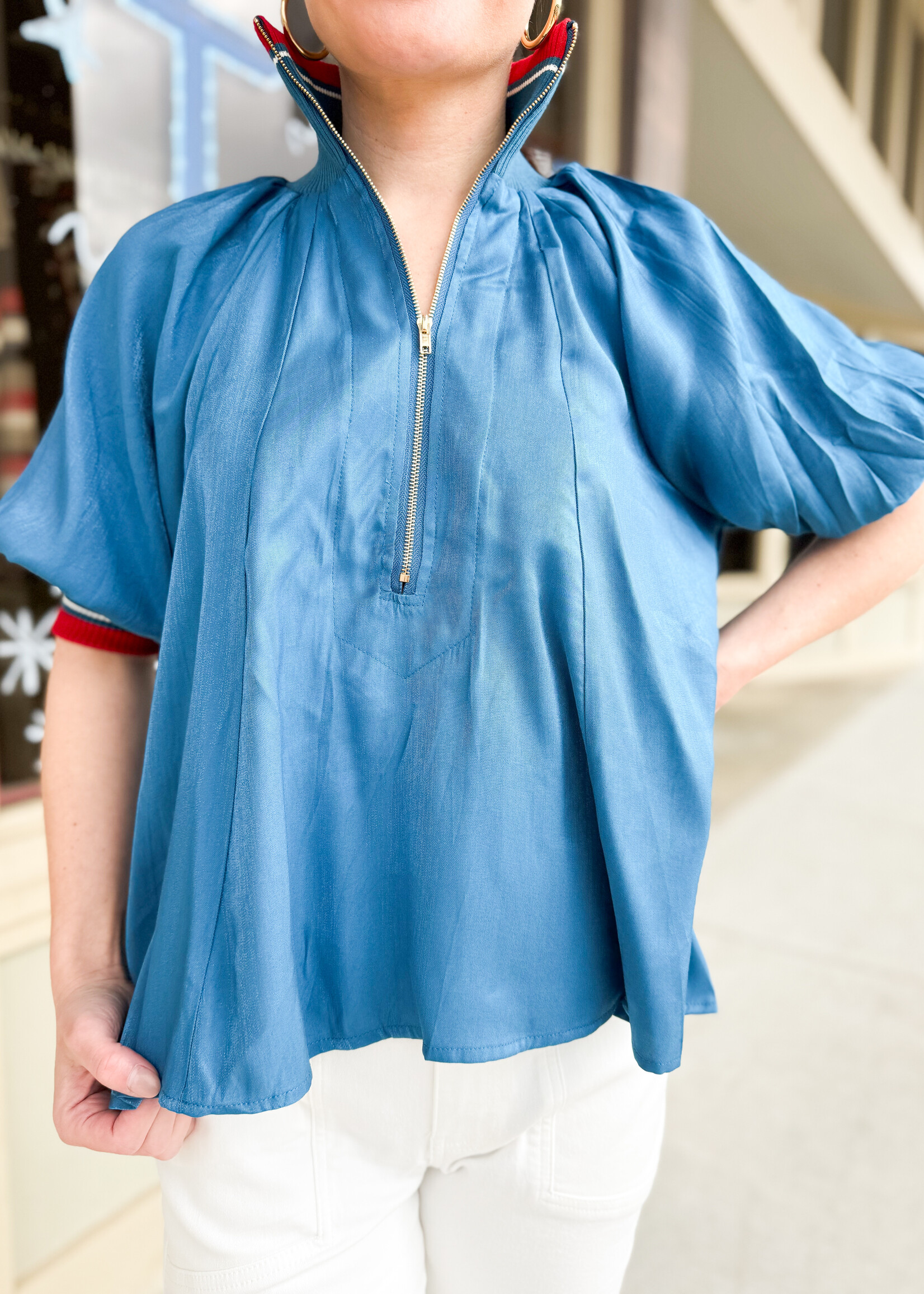 The Fashion Zip Up Puff Sleeve Blouse