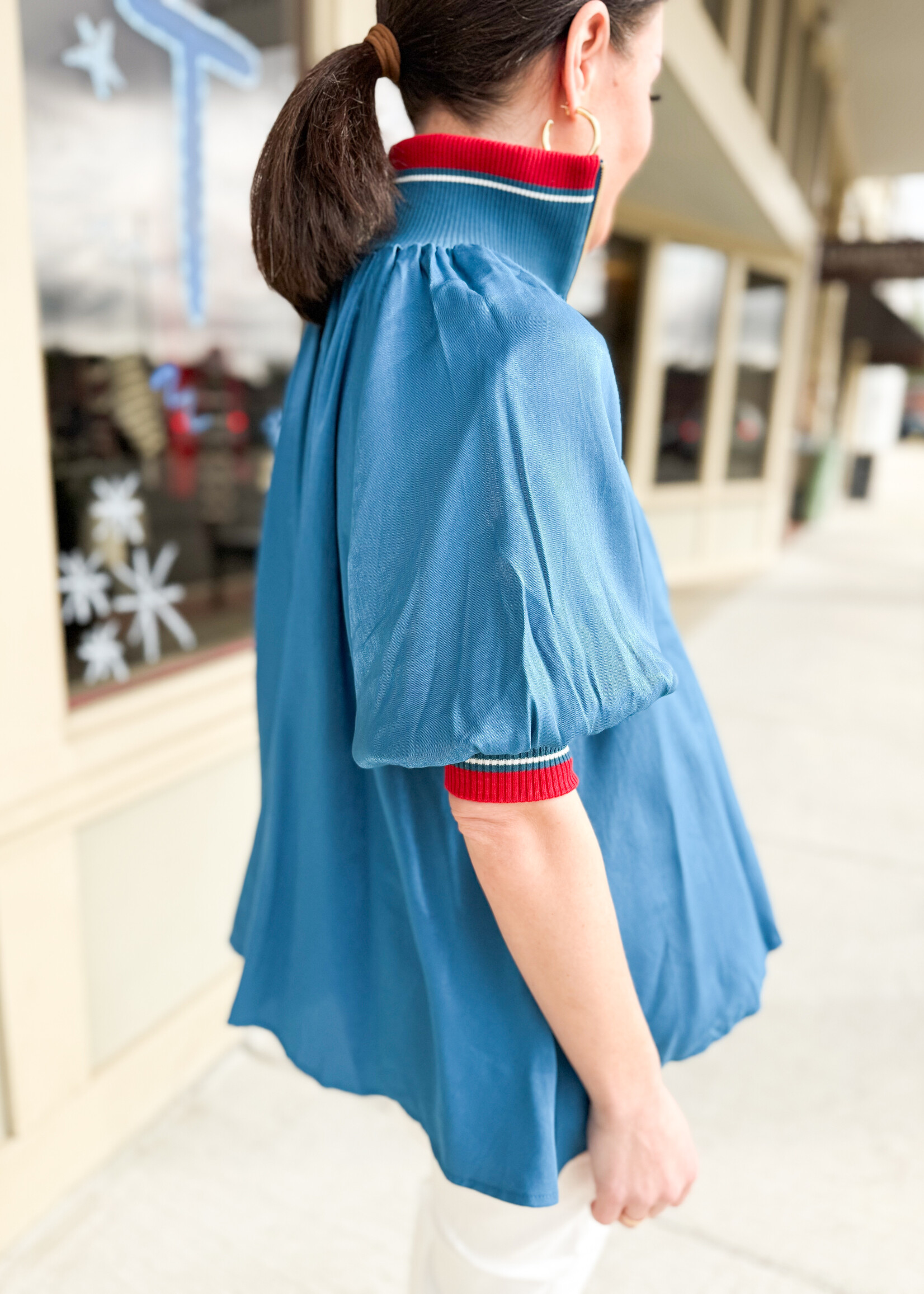 The Fashion Zip Up Puff Sleeve Blouse