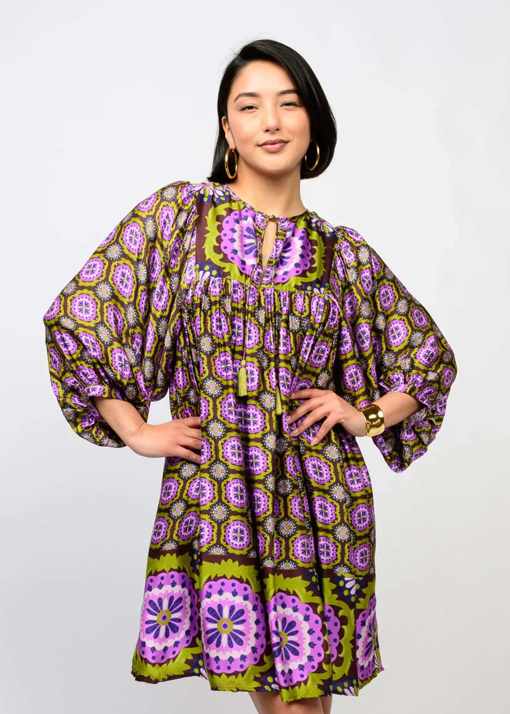 Uncle Frank Split Neck Medallion Flower Dress