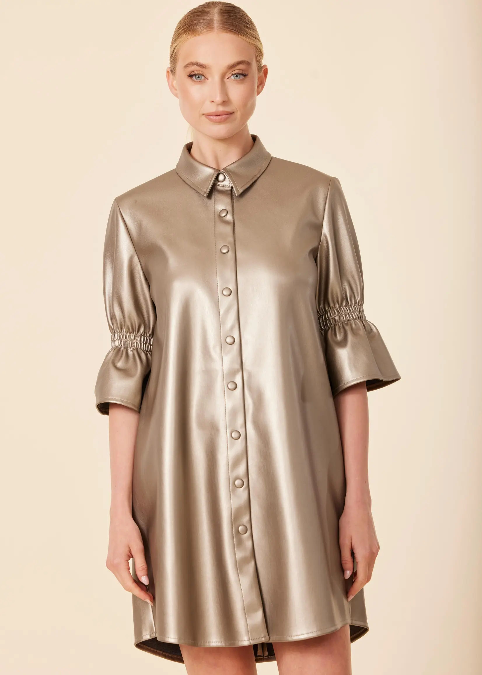 Dolce Cabo Metallic Ruffle Sleeve Leather Dress