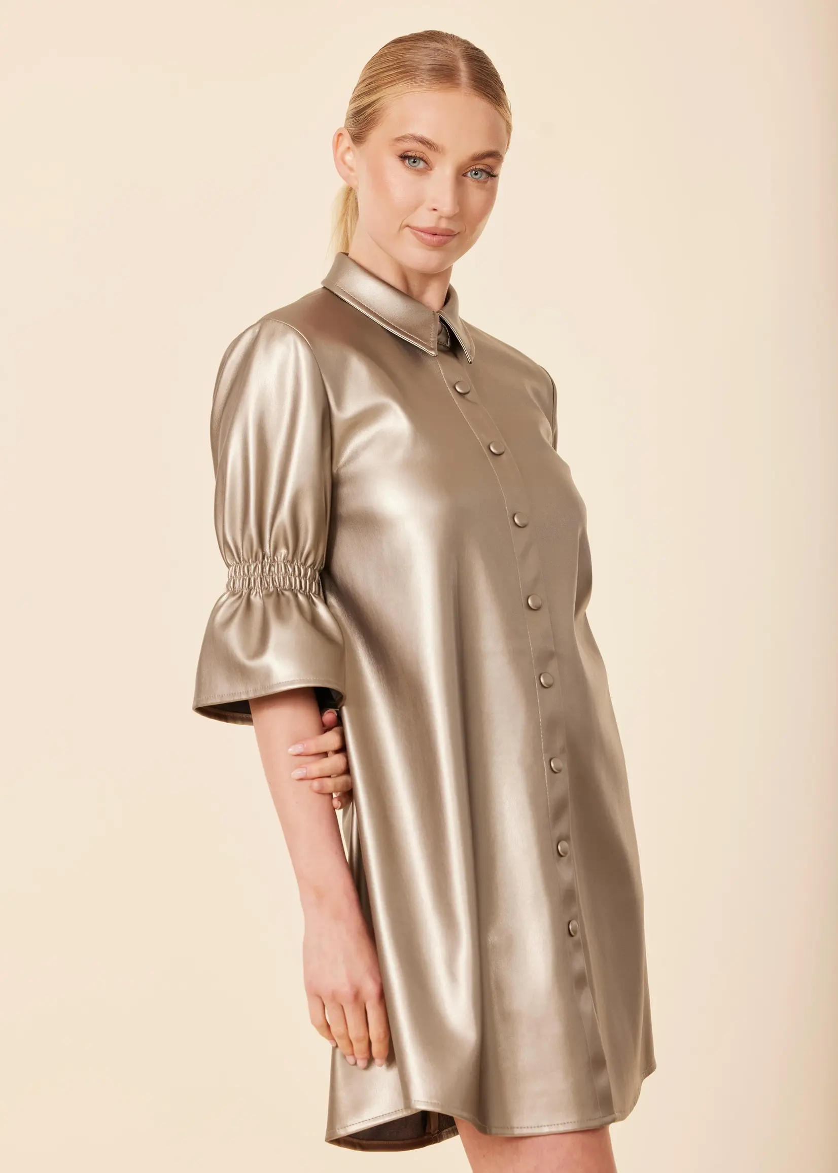 Dolce Cabo Metallic Ruffle Sleeve Leather Dress