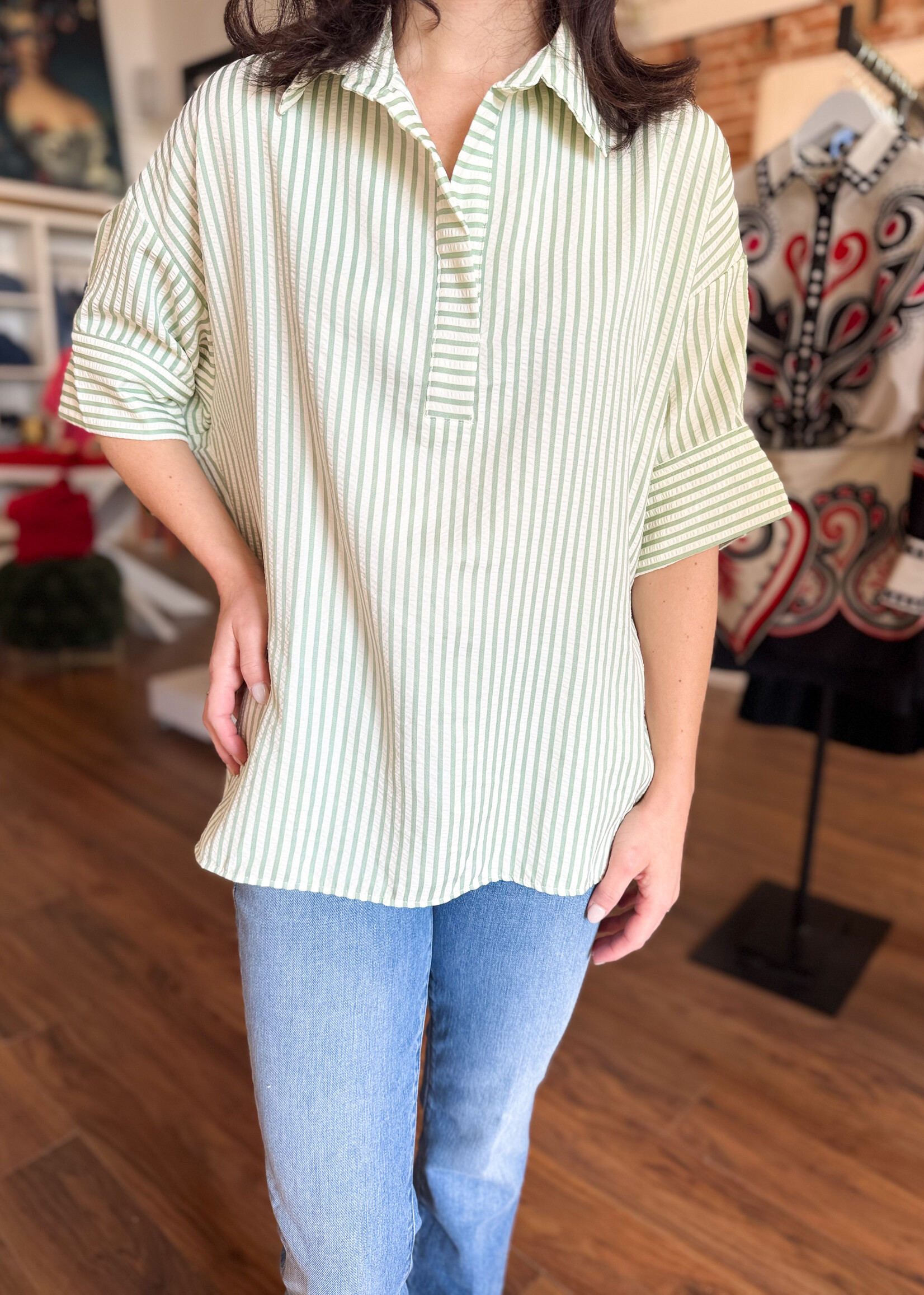 The Fashion Striped Seersucker V-Neck Top