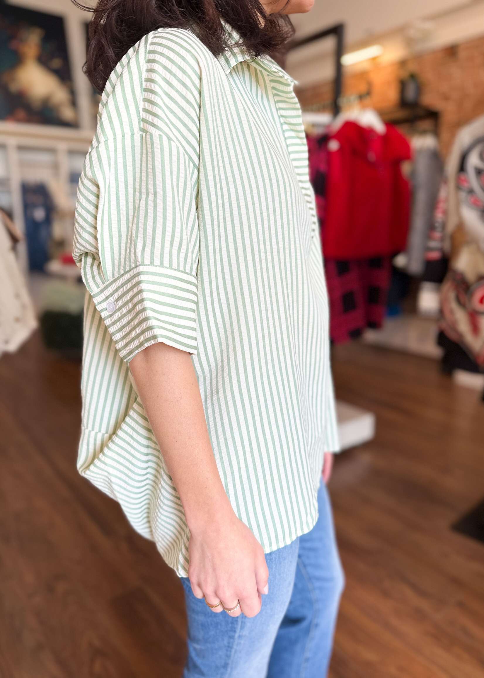 The Fashion Striped Seersucker V-Neck Top