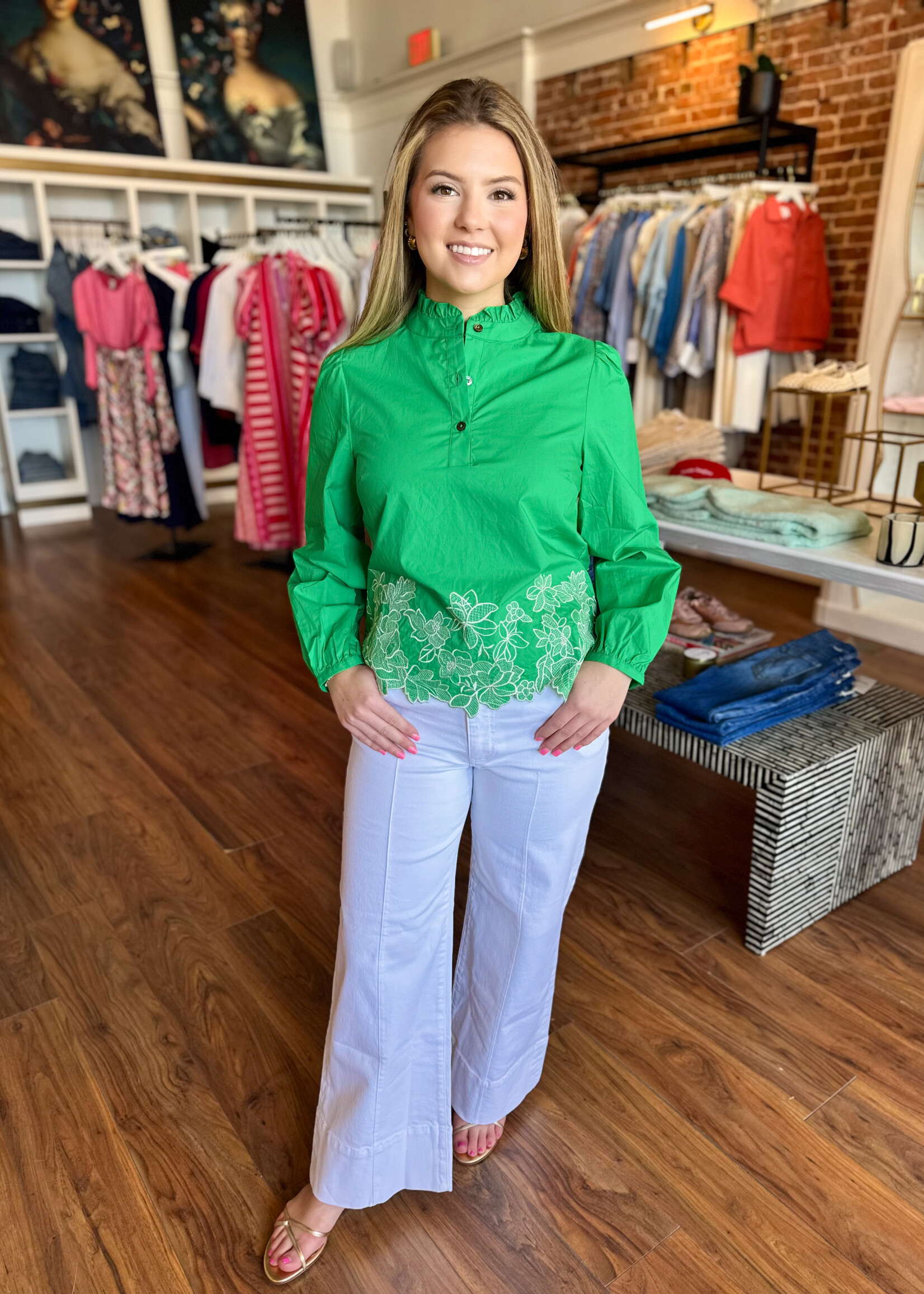 Current Air L/S Embroidered Blouse W/Ruffle Neck