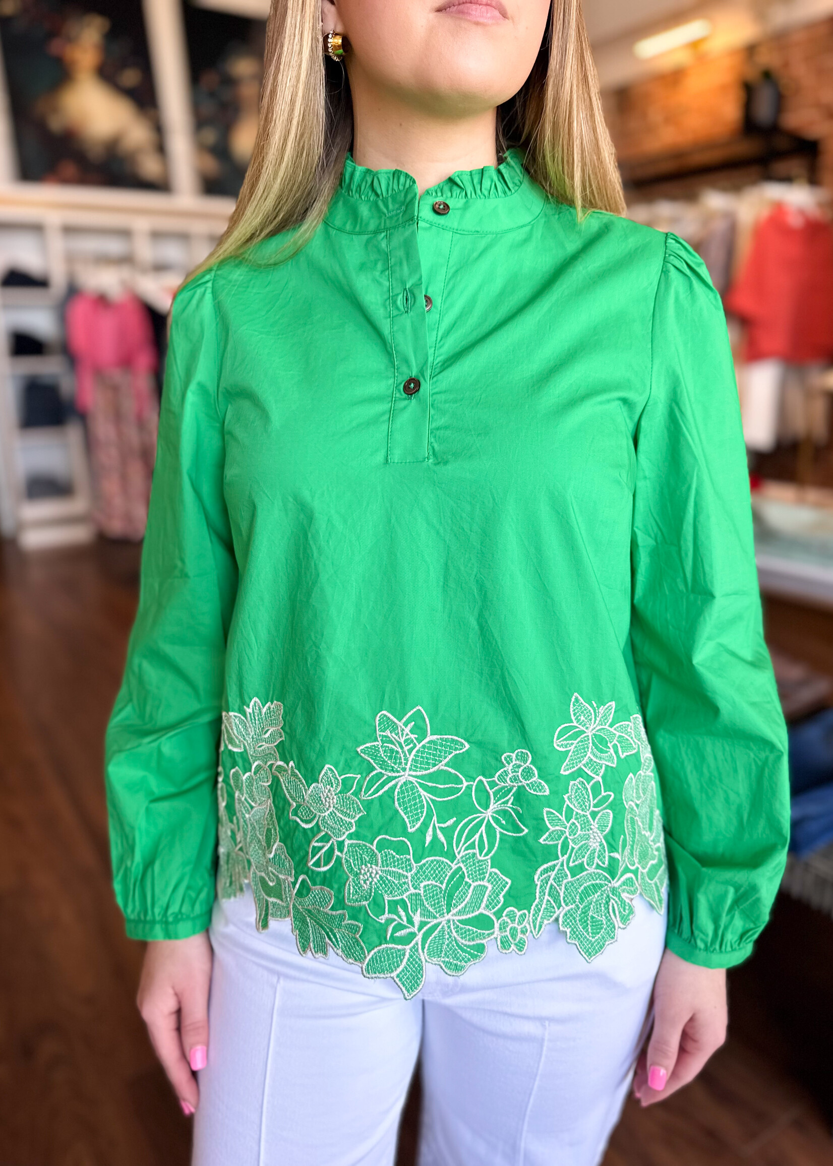 Current Air L/S Embroidered Blouse W/Ruffle Neck