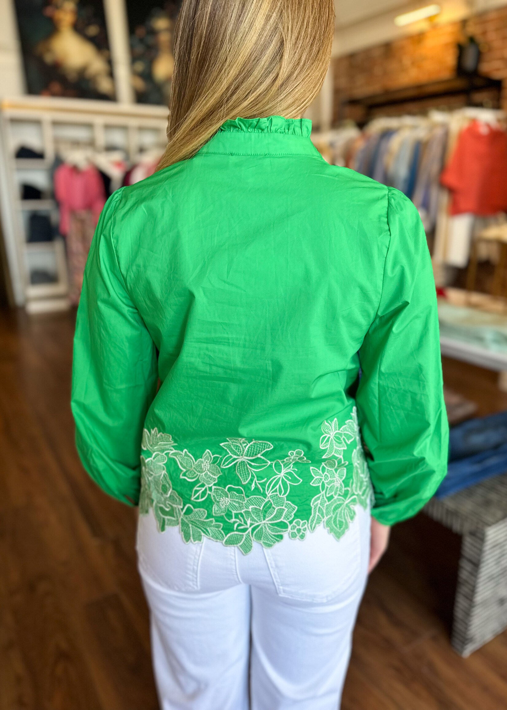 Current Air L/S Embroidered Blouse W/Ruffle Neck