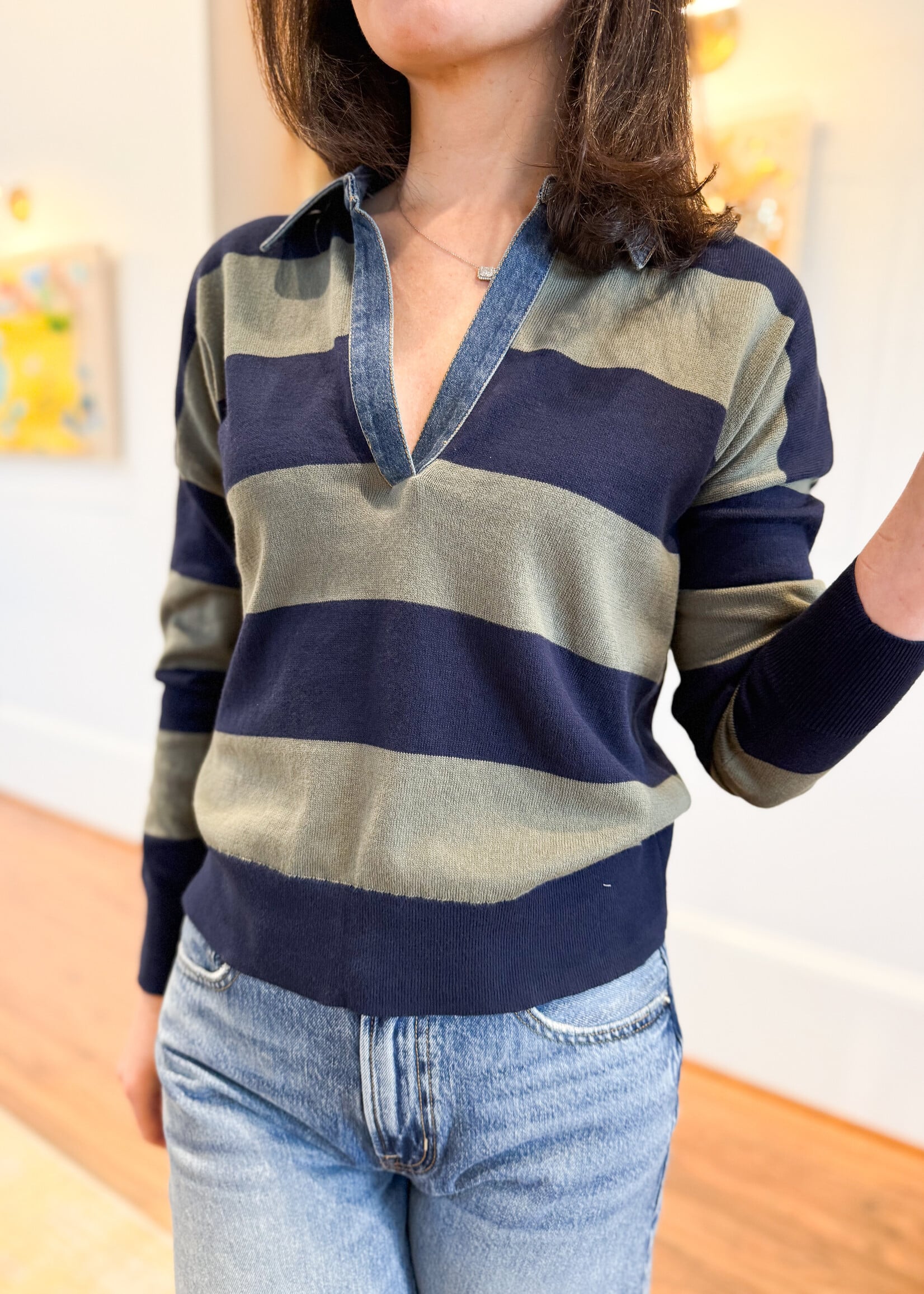 J. Society Striped Split Neck Top W/Denim Collar