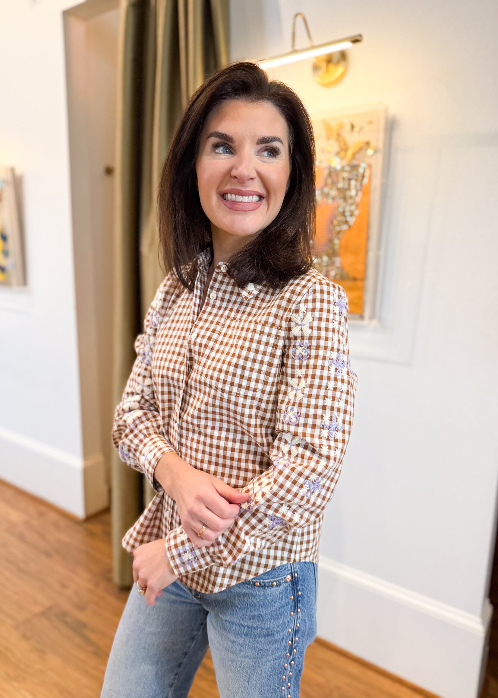 J. Society L/S Gingham Top W/Embroidery