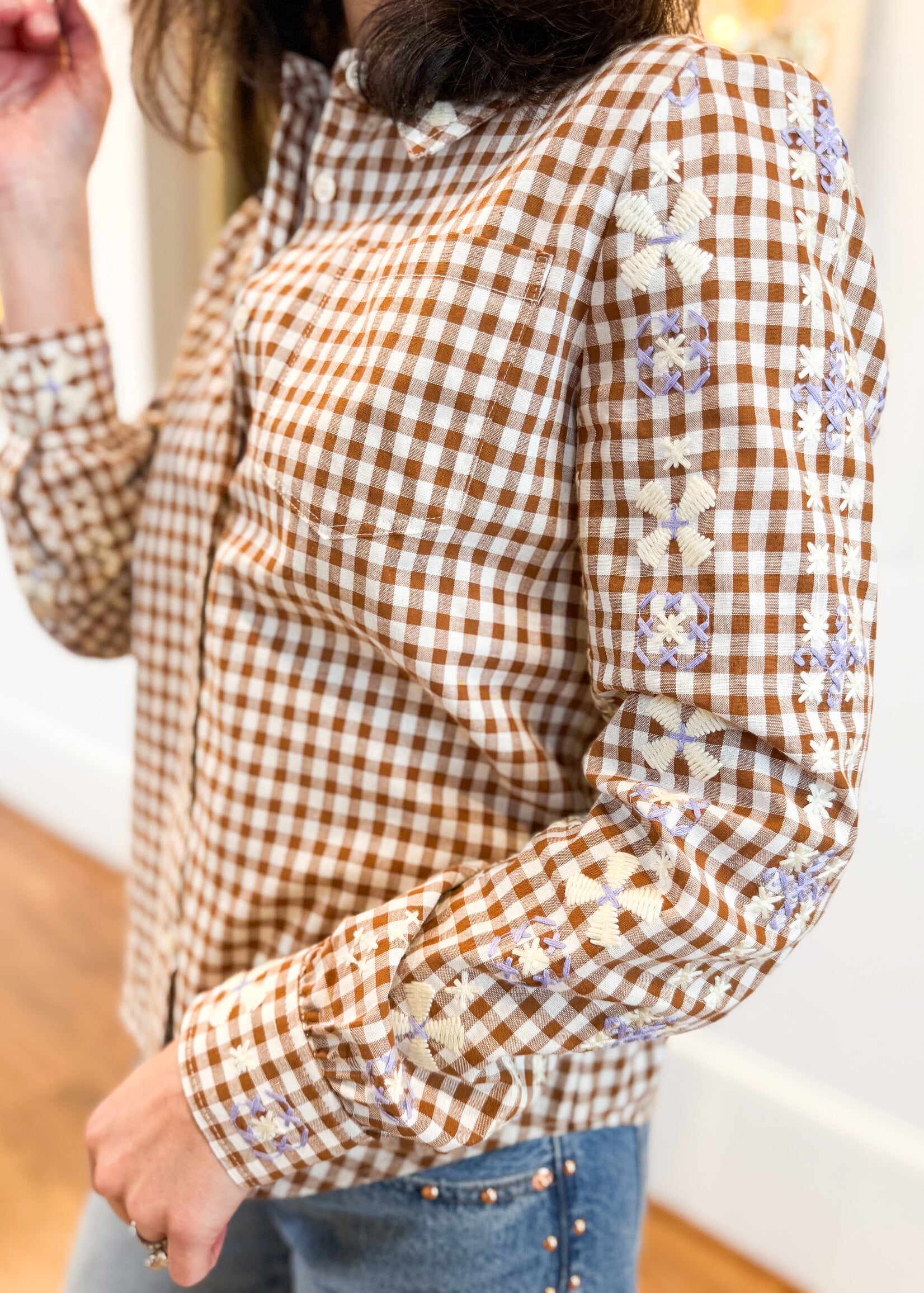 J. Society L/S Gingham Top W/Embroidery