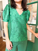 Jade Brocade V-Neck Puff Sleeve Top