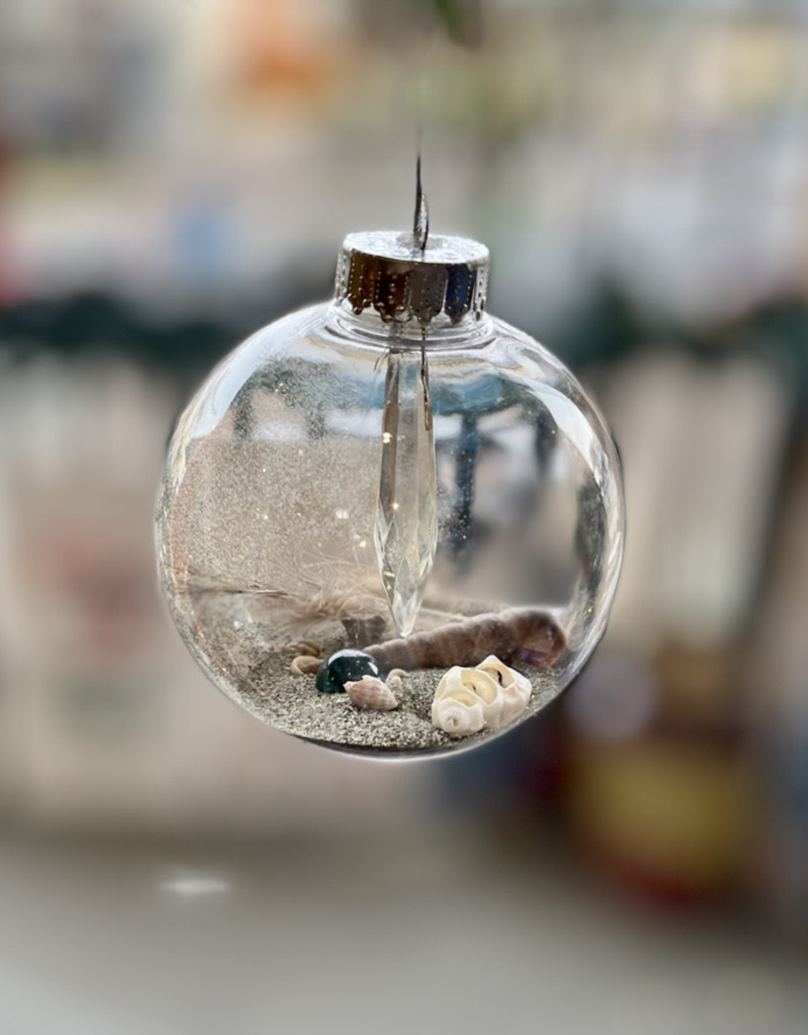 Christmas Ornament - Sand & Shell Beach Globe with Hanging Crystal