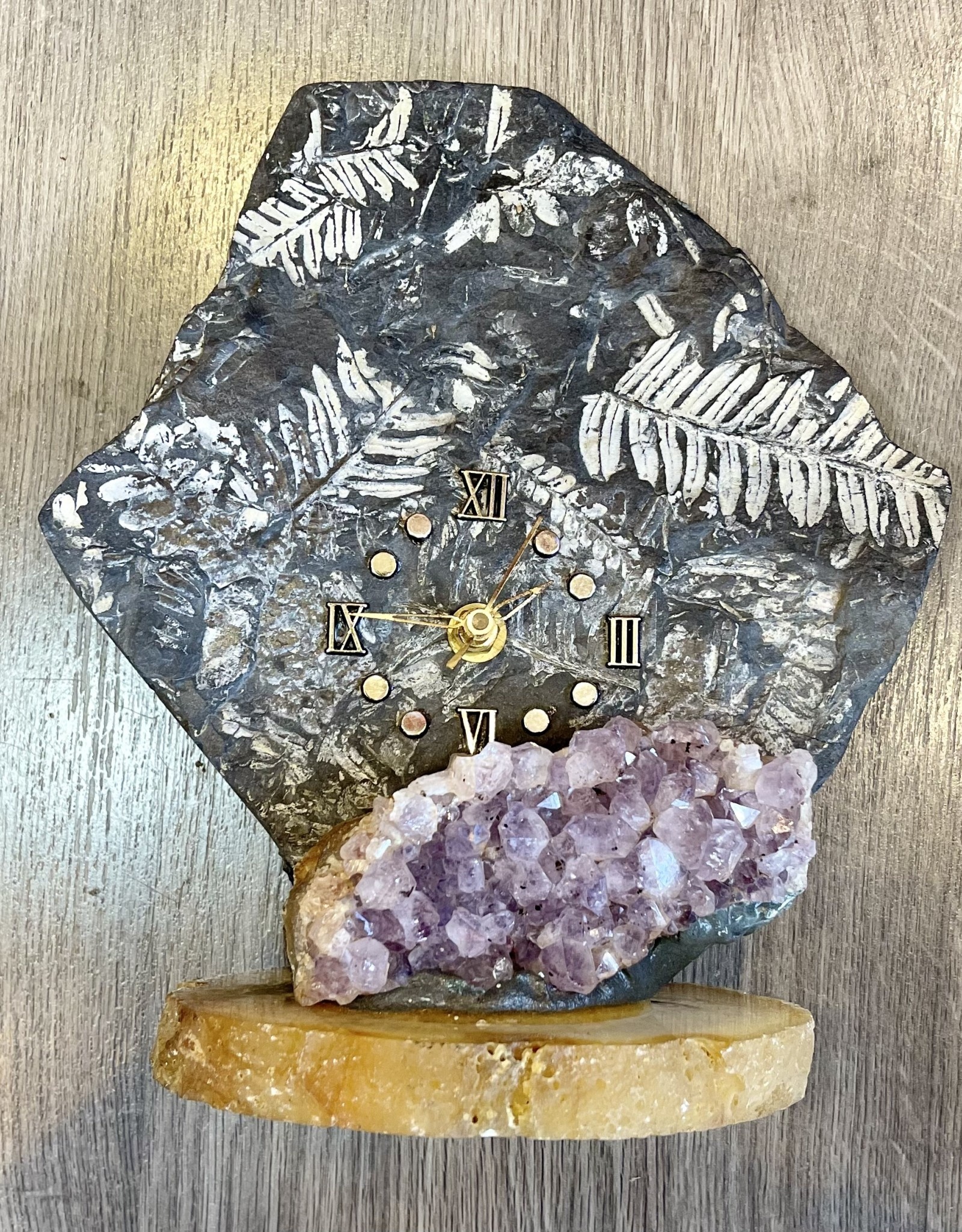 Crystals - Stone Fossil Clock featuring Amethyst and White Agate base