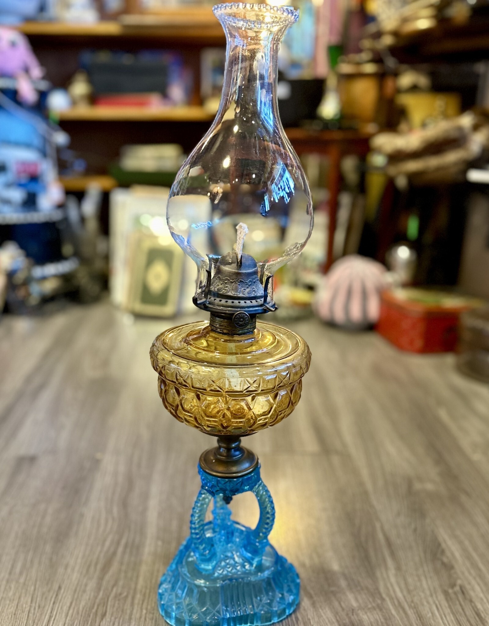 Furniture - Antique Amber and Blue Cathedral Kerosene Lamp