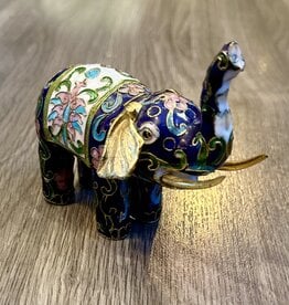 Purple Pigeon Treasures Cloisonne Blue Floral Elephant Figurine Brass Ears Tusk Up Good Luck