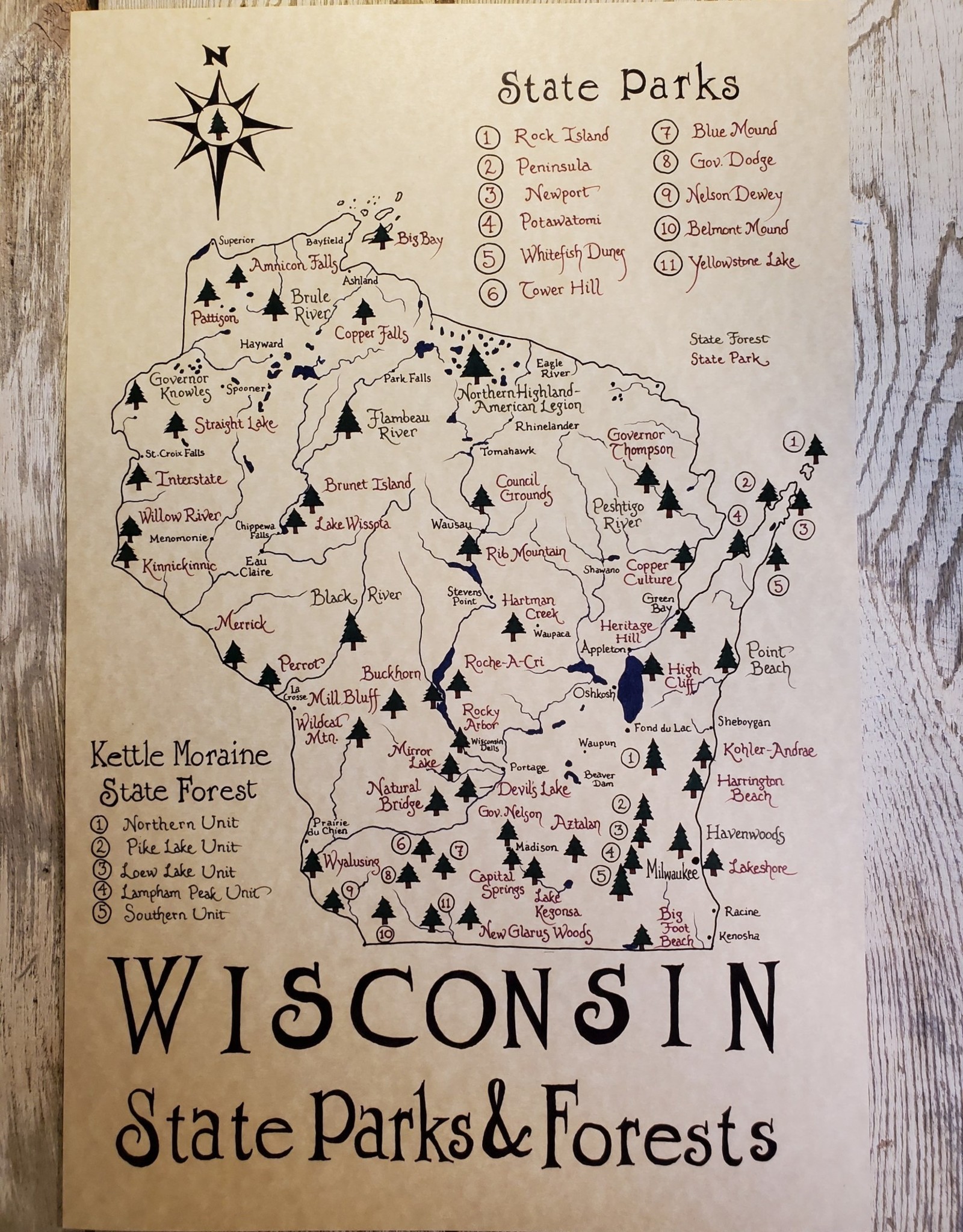Mediaeval Mapmaker Wisconsin State Parks & Forests Hand Drawn Parchment Map