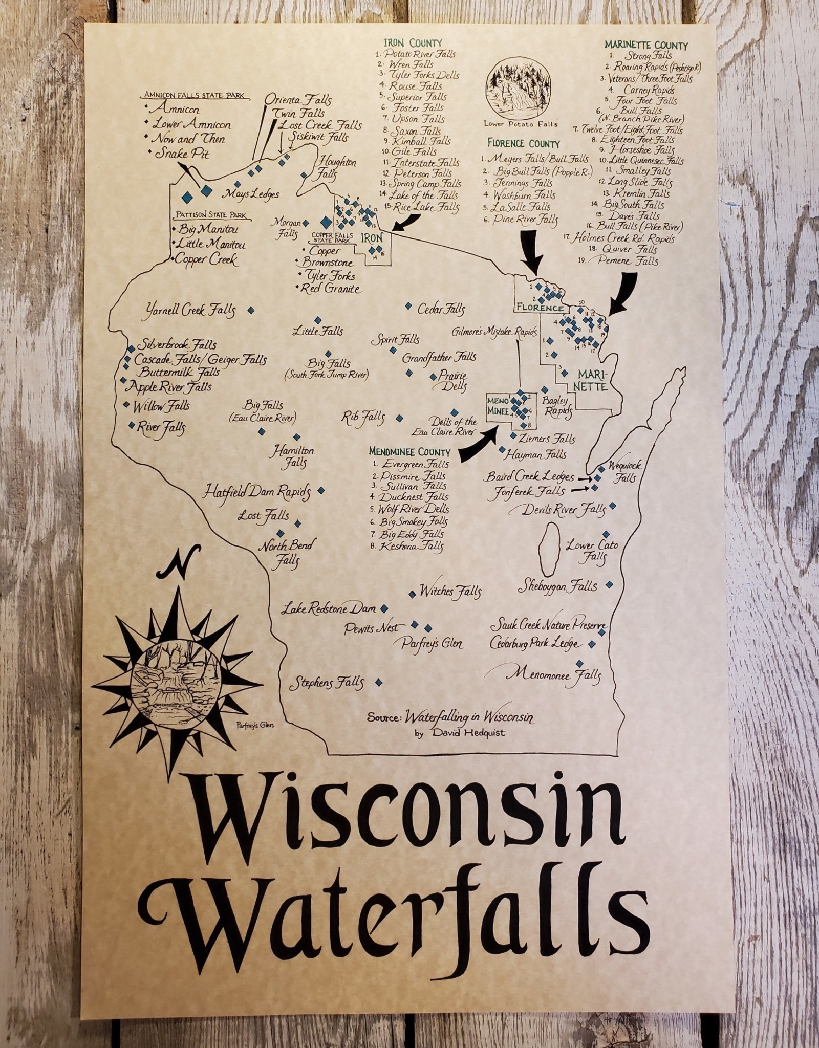 Mediaeval Mapmaker Wisconsin Waterfalls Hand Drawn Parchment Map