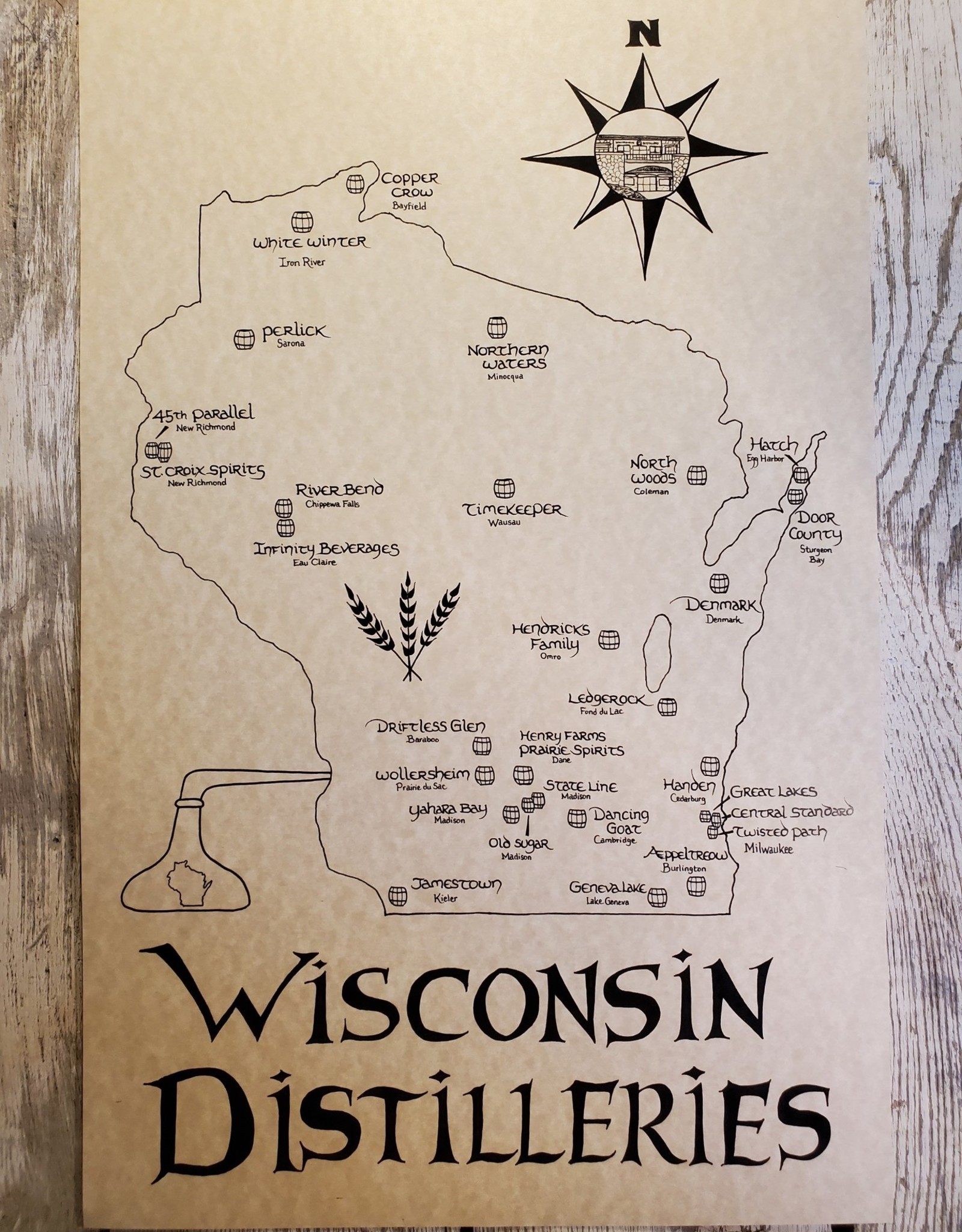 Mediaeval Mapmaker Wisconsin Distilleries Hand Drawn Parchment Map