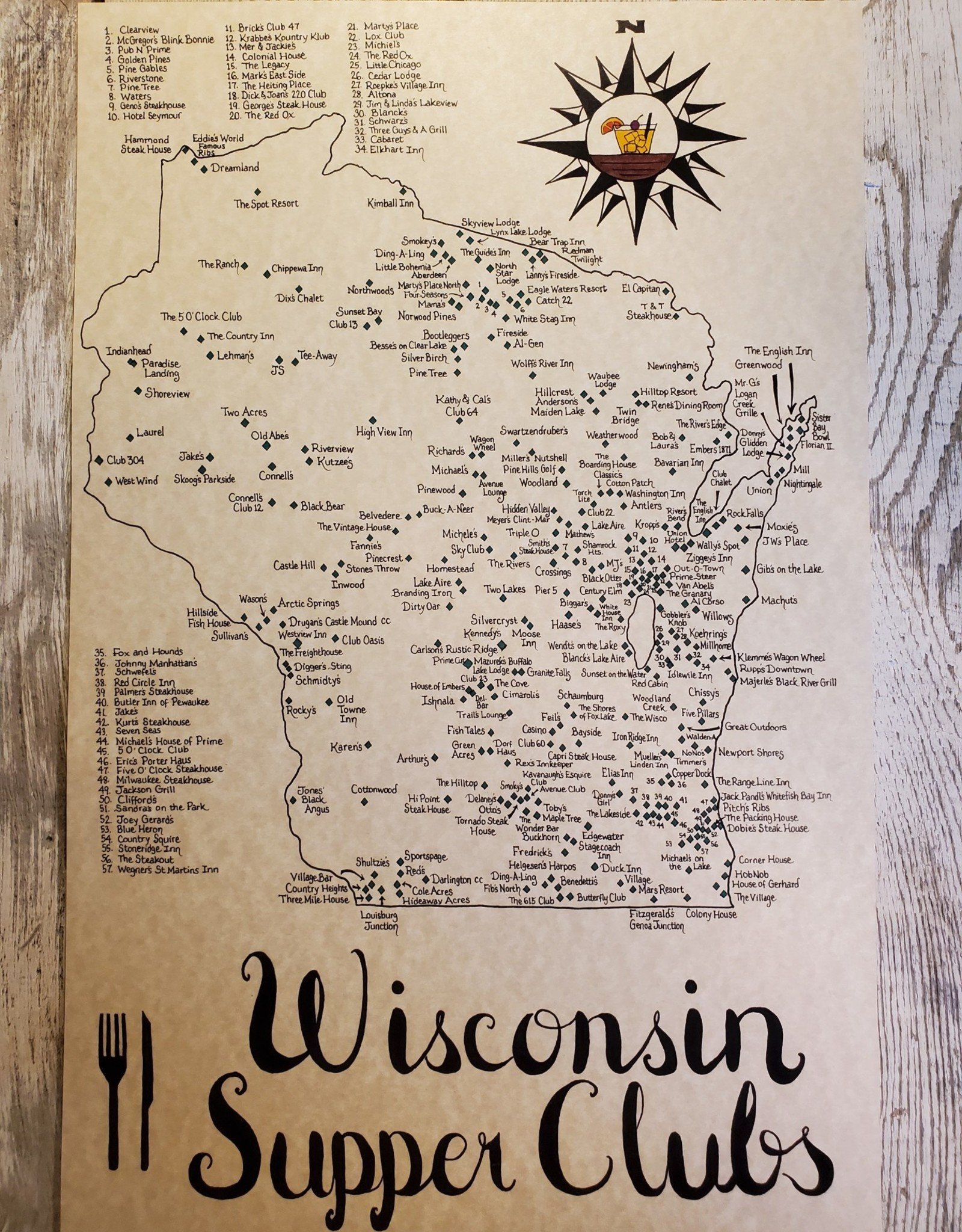 Mediaeval Mapmaker Wisconsin Supper Clubs Hand Drawn Parchment Map