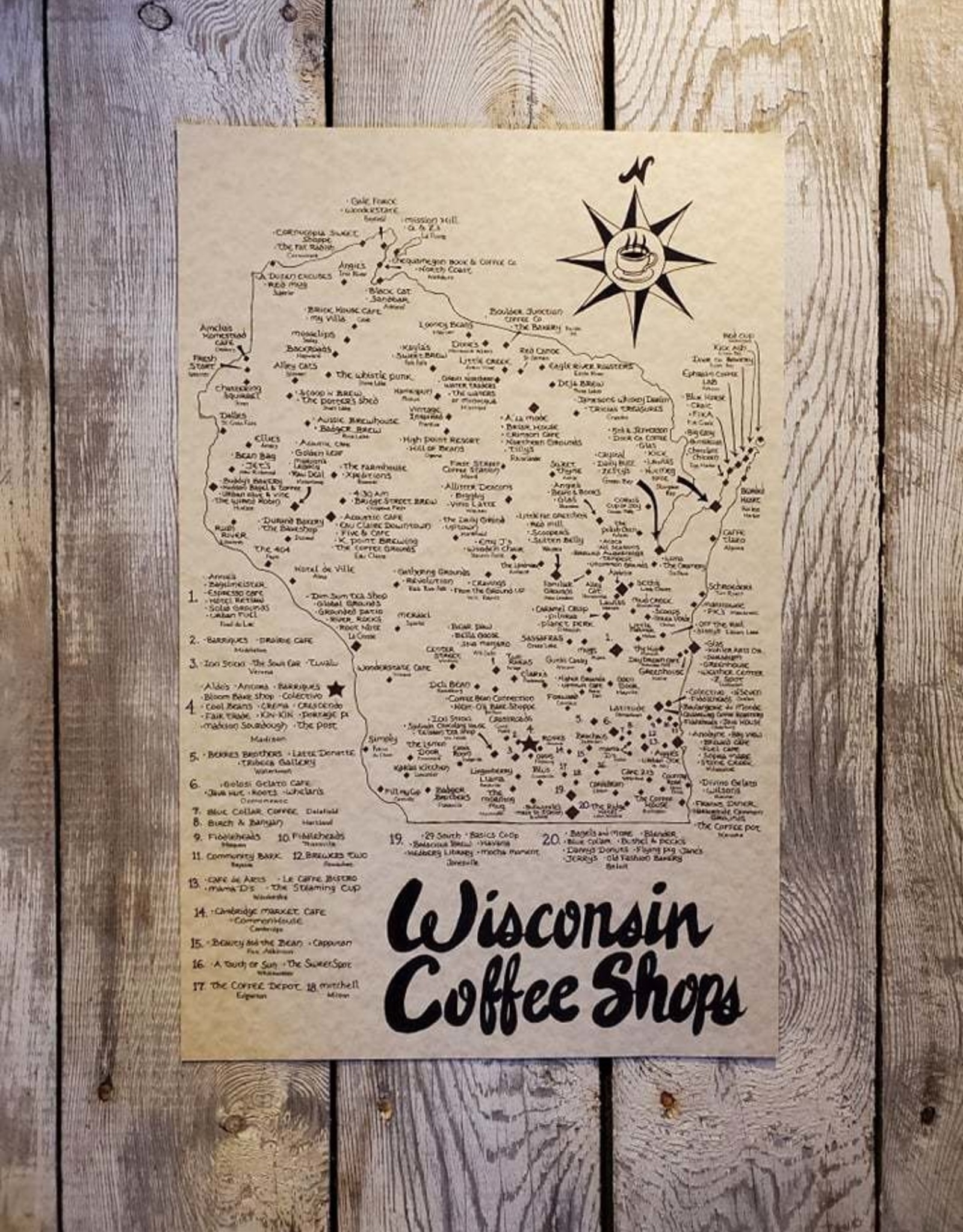Wisconsin Coffee Shops Hand Drawn Parchment Map - Cabin Creations