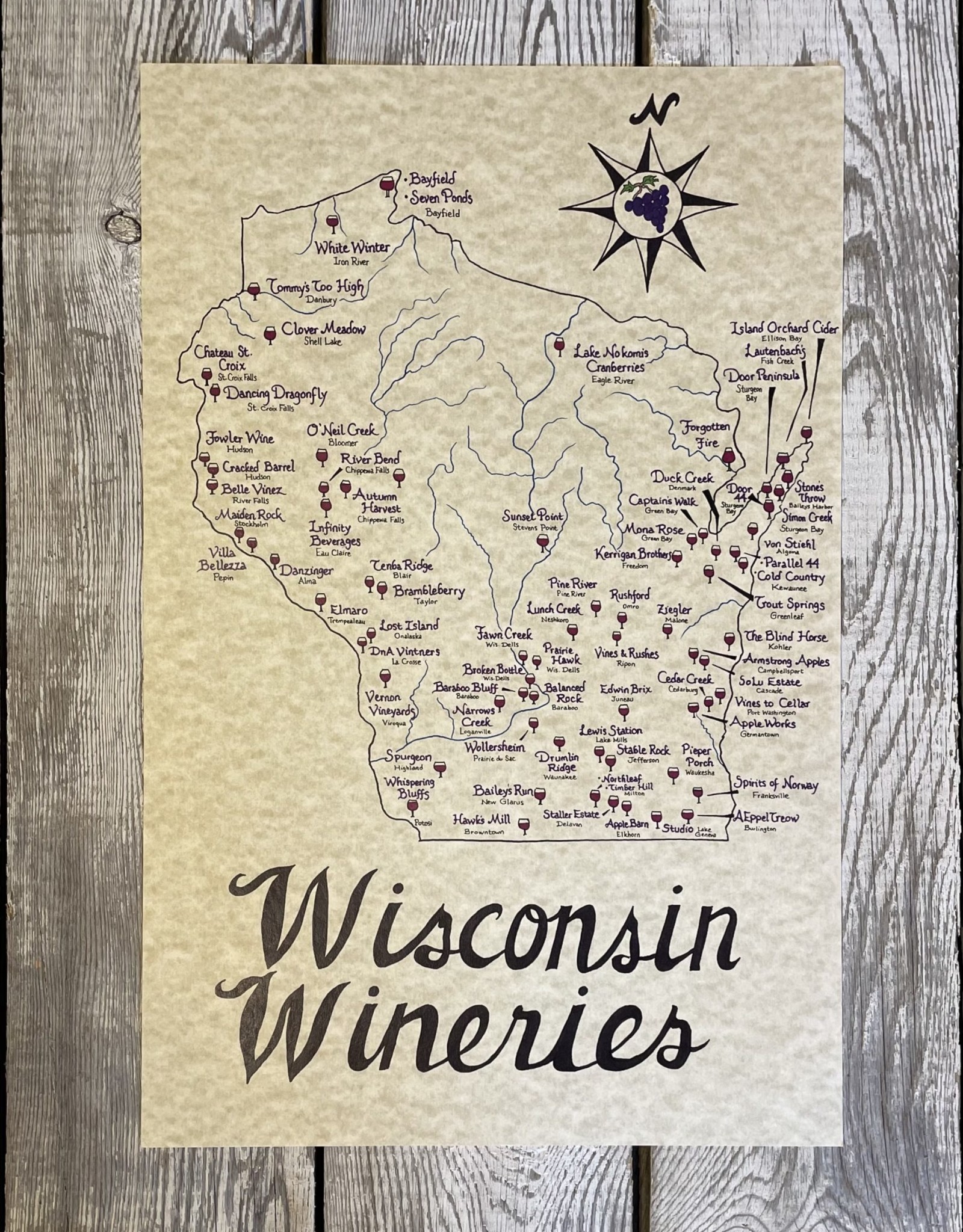 Mediaeval Mapmaker Wisconsin Wineries Hand Drawn Parchment Map