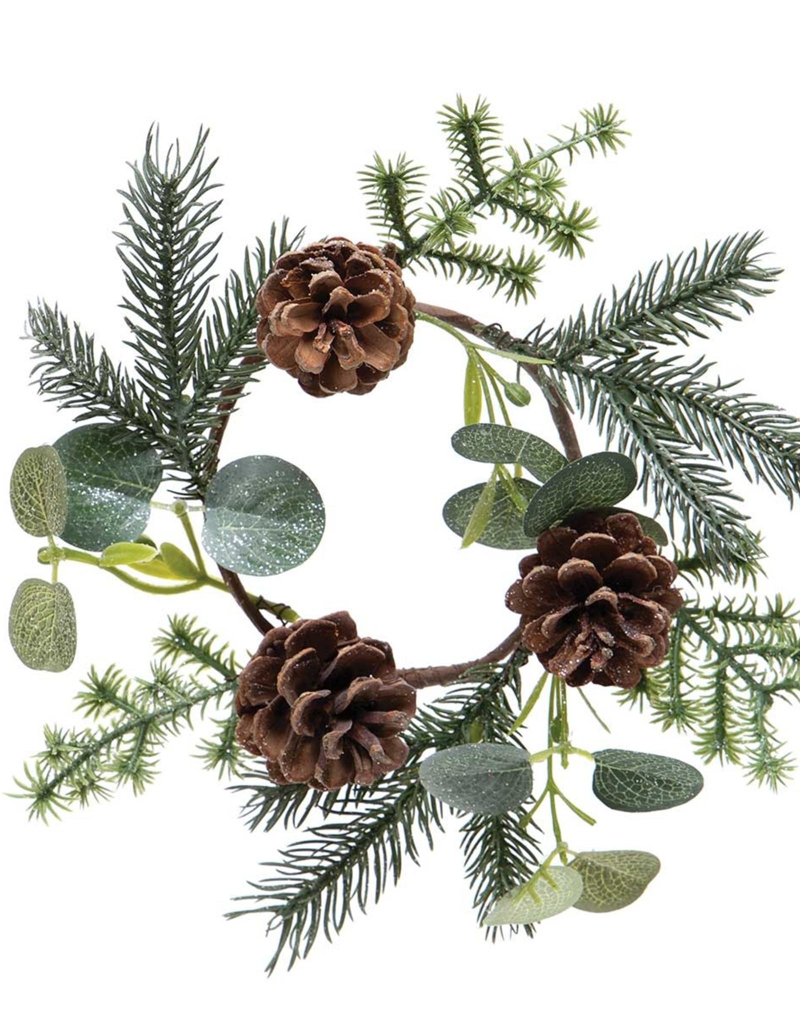 Meravic 10" Frosted Pine Candle Ring w/ Eucalyptus & Pinecones