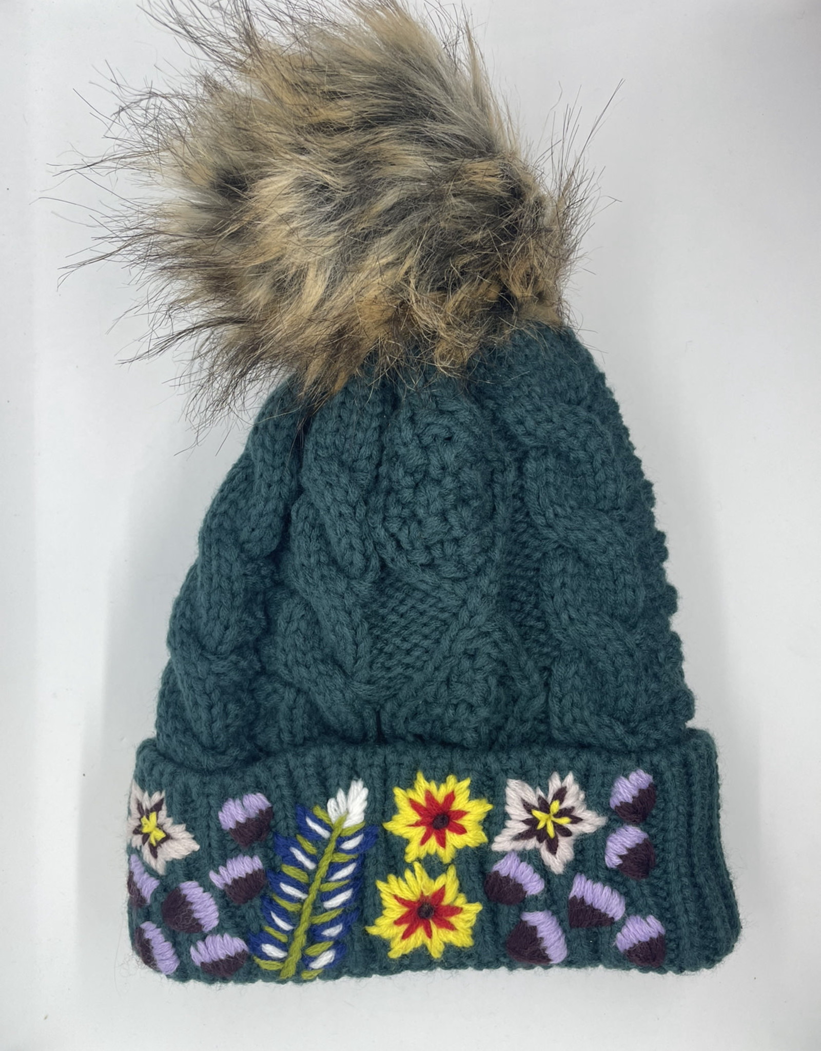 Panache Deep Teal Floral Knit Hat  Pom Hat