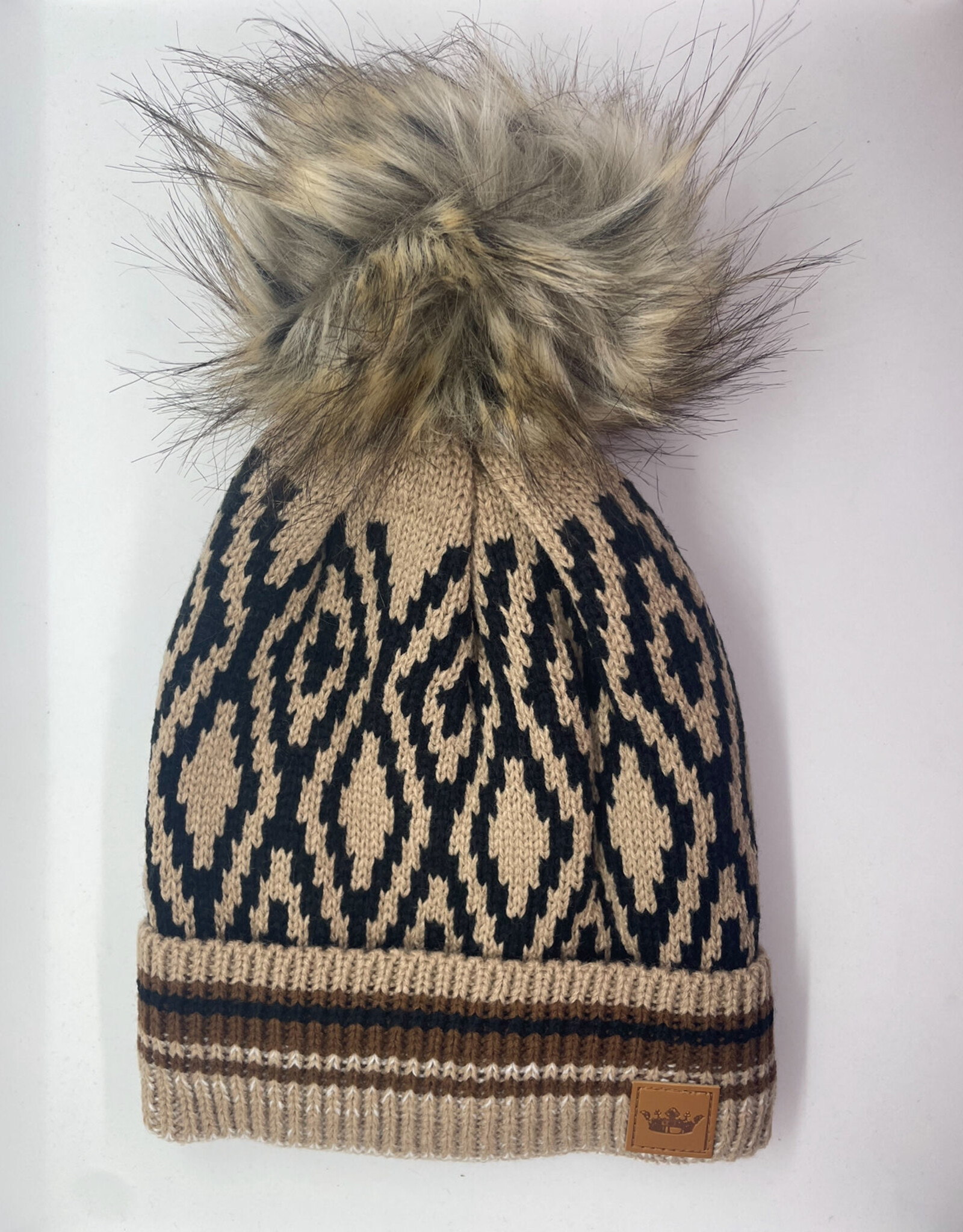 Panache SALE Brown, Black, Tan Patterned Knit Pom Cuff Hat