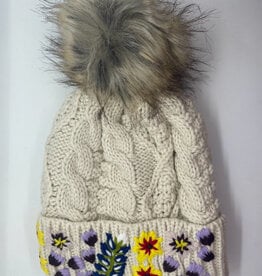 Panache Cream Floral Knit Hat  Pom Hat