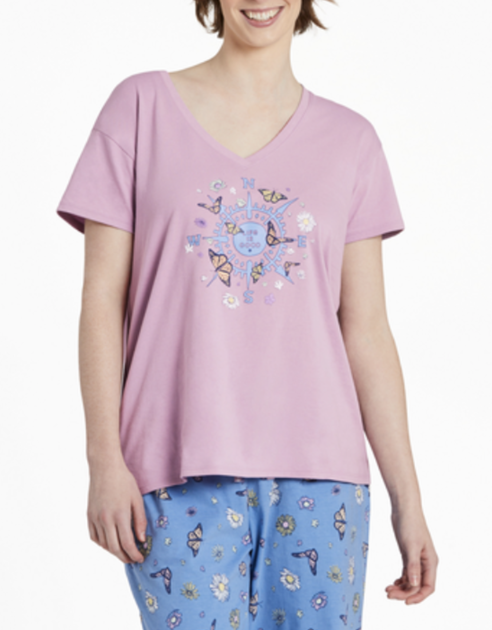 Life Is Good SALE Women's Butterfly and Floral Compass Snuggle Up Relaxed Sleep Vee
