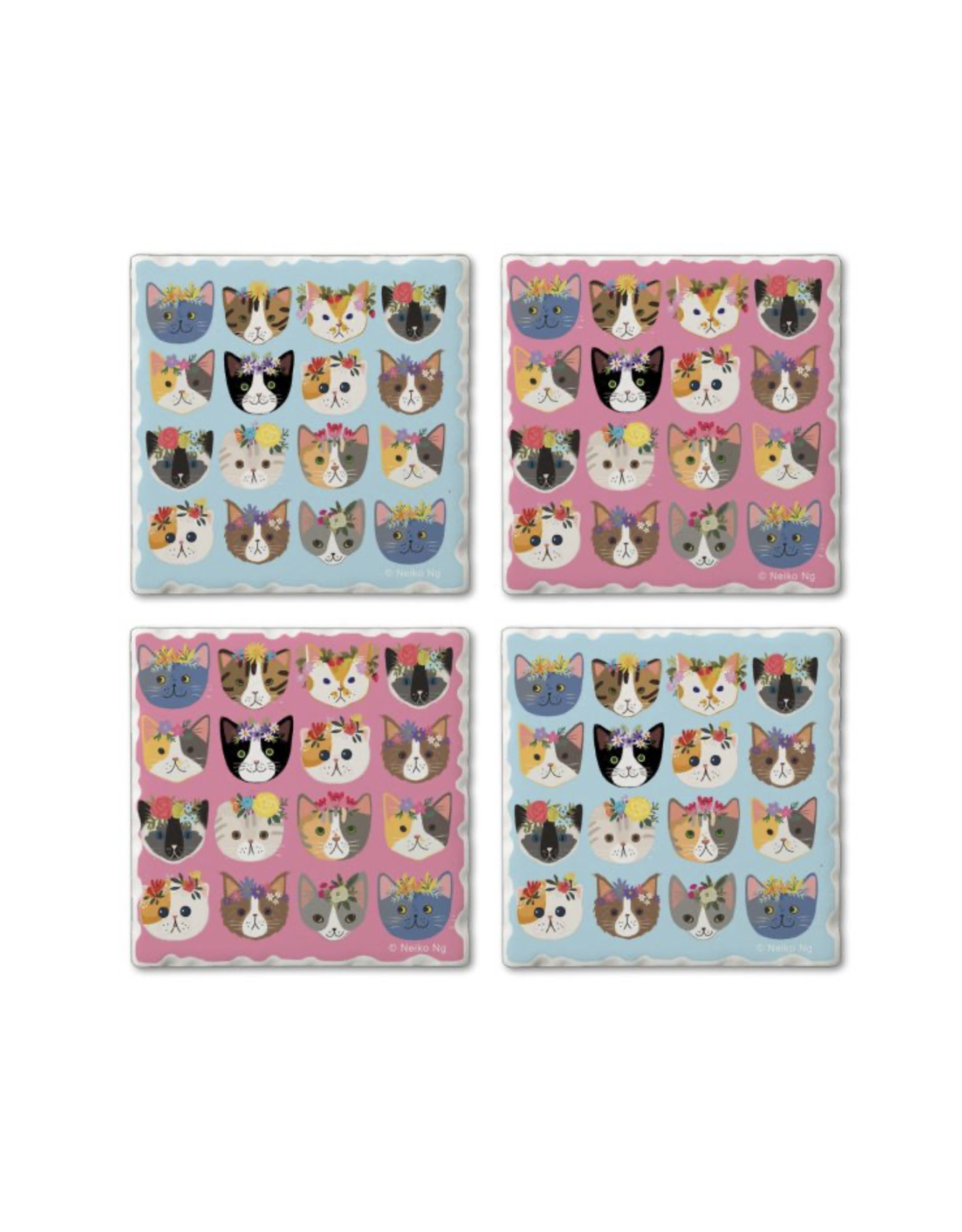 Highland Home Coaster Set 4 pk - Blue & Pink Cats w/ Crowns