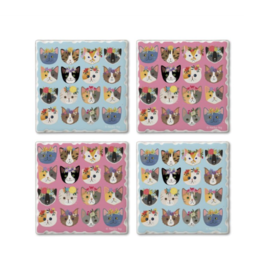 Highland Home Coaster Set 4 pk - Blue & Pink Cats w/ Crowns