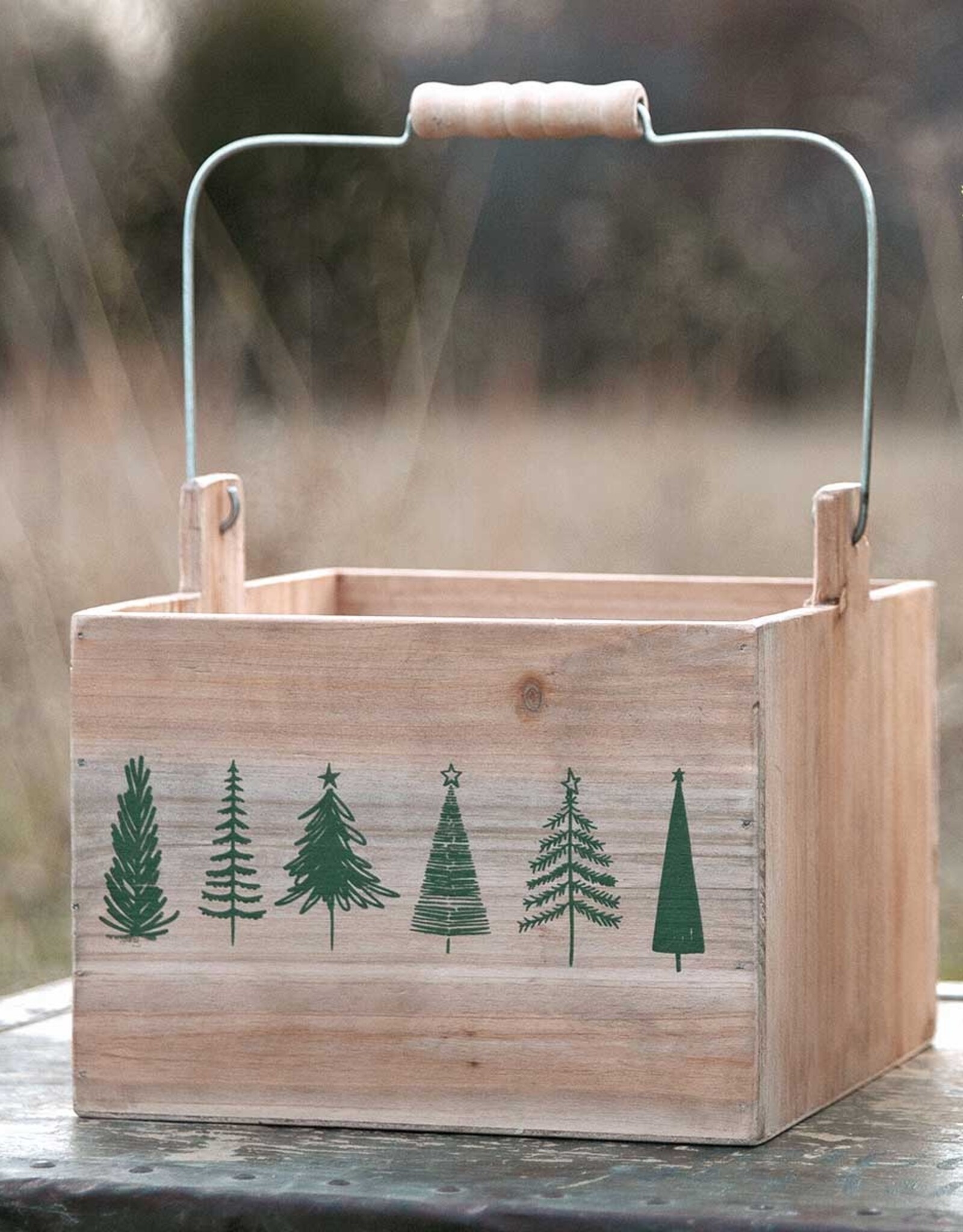 Meravic Large Square Wood Box with Handle & Tree Design