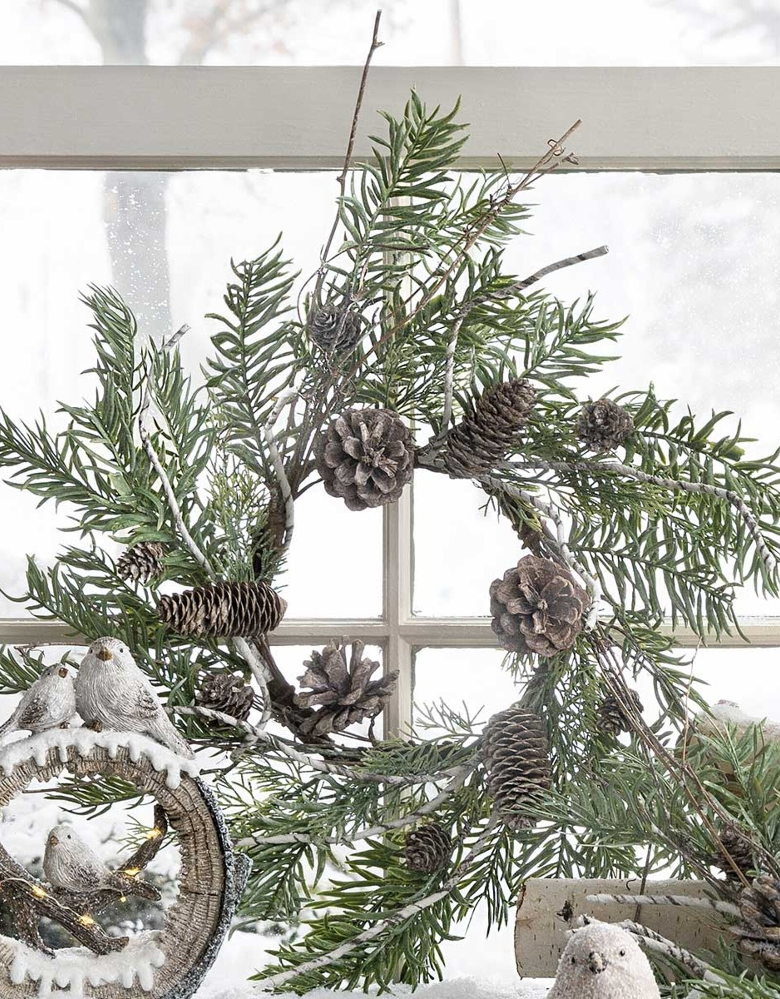 Meravic 17" Wired Faux Birch/Pine Wreath with Pinecones