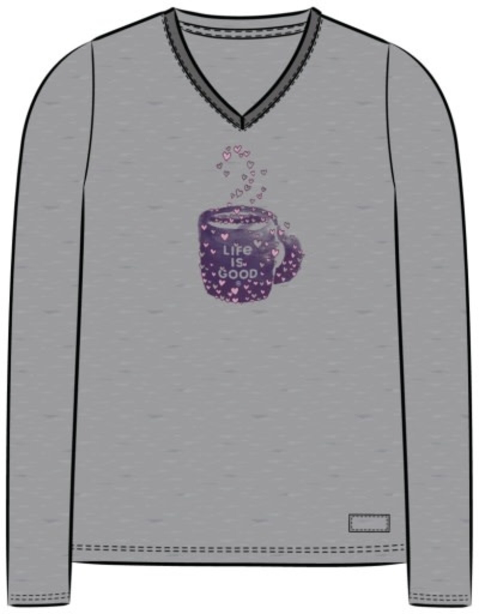 Life Is Good SALE Women's Scattered Hearts Coffee Long Sleeve Crusher-Lite Vee