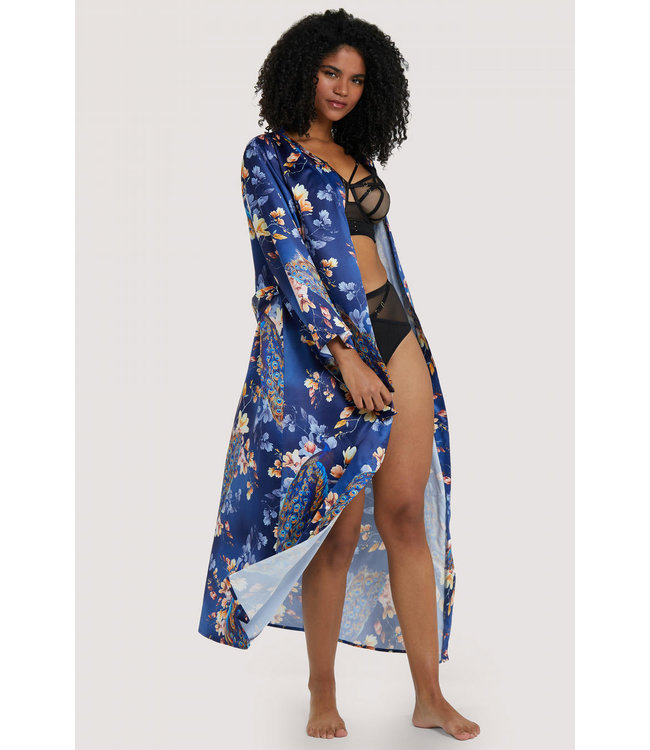 peacock print satin kimono robe