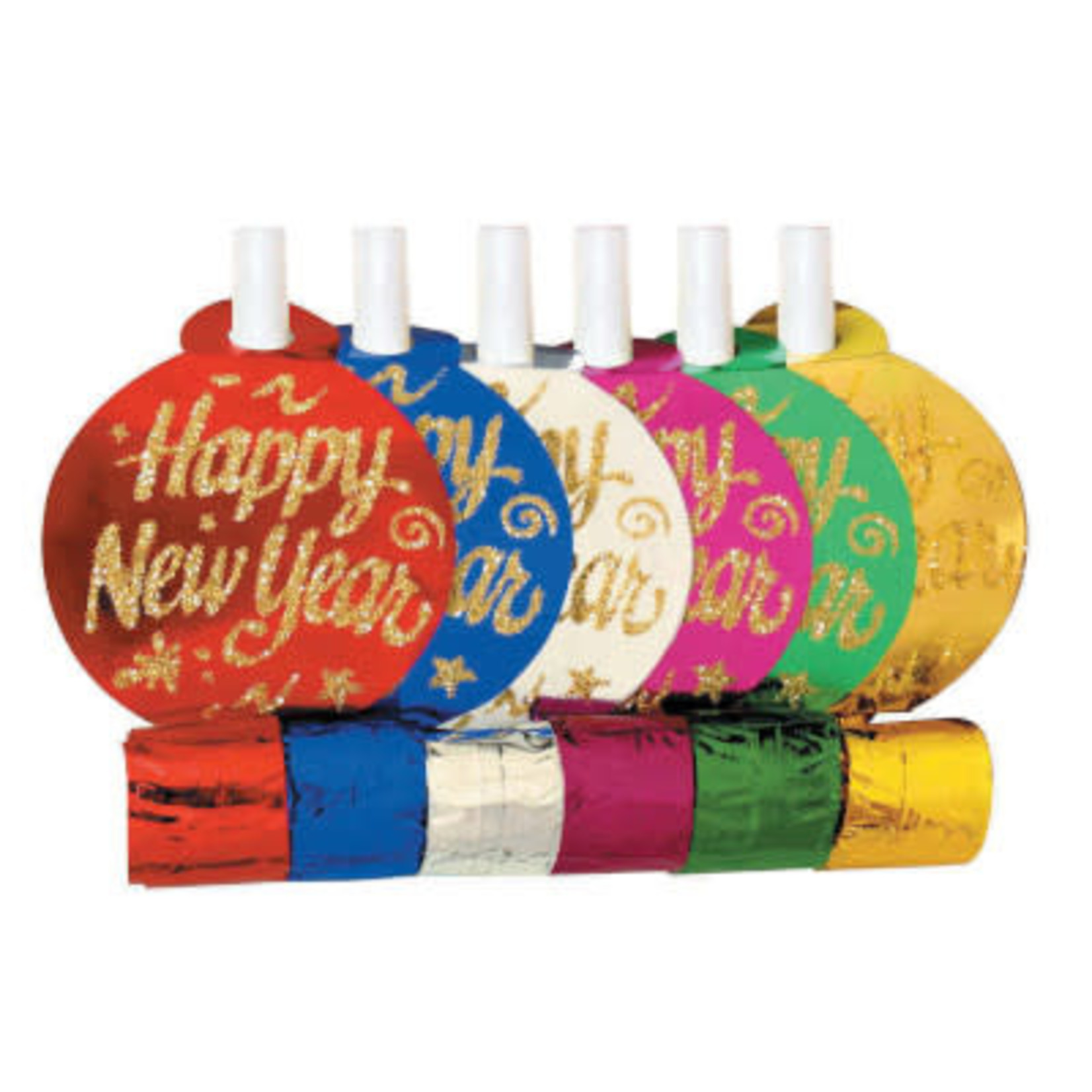 Creative Converting Gold Glitter Happy New Year Blowouts - Assorted Colors - 6ct.