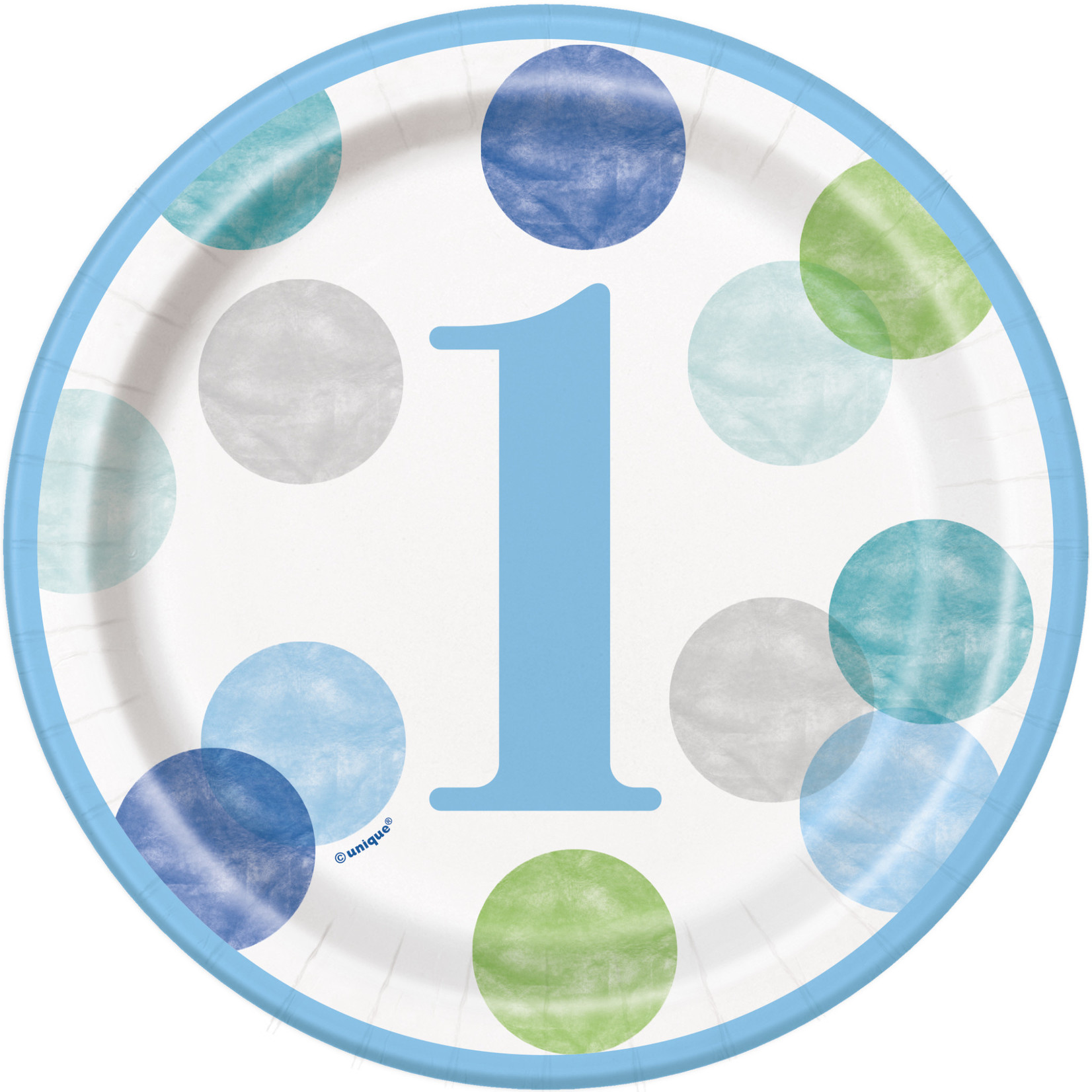 unique 7" 1st birthday Blue Dots Plates - 8ct.