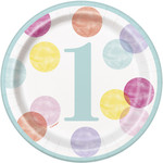 unique 7" Pink Dots 1st Birthday Plates - 8ct.
